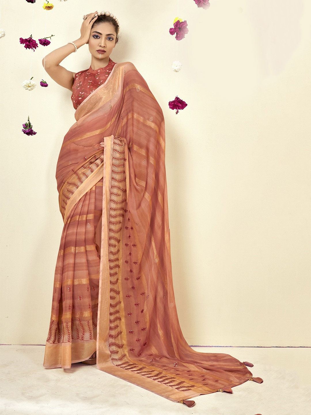 

Triveni Striped Zari Pure Georgette Saree, Orange