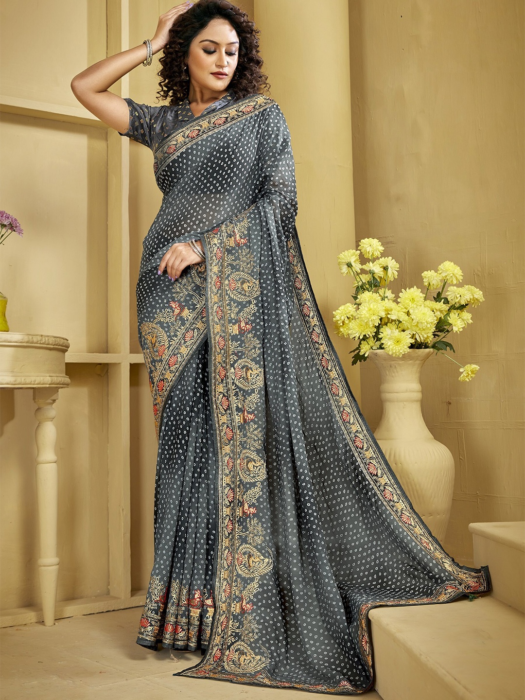 

Triveni Bandhani Printed Embroidered Pure Georgette Saree, Black