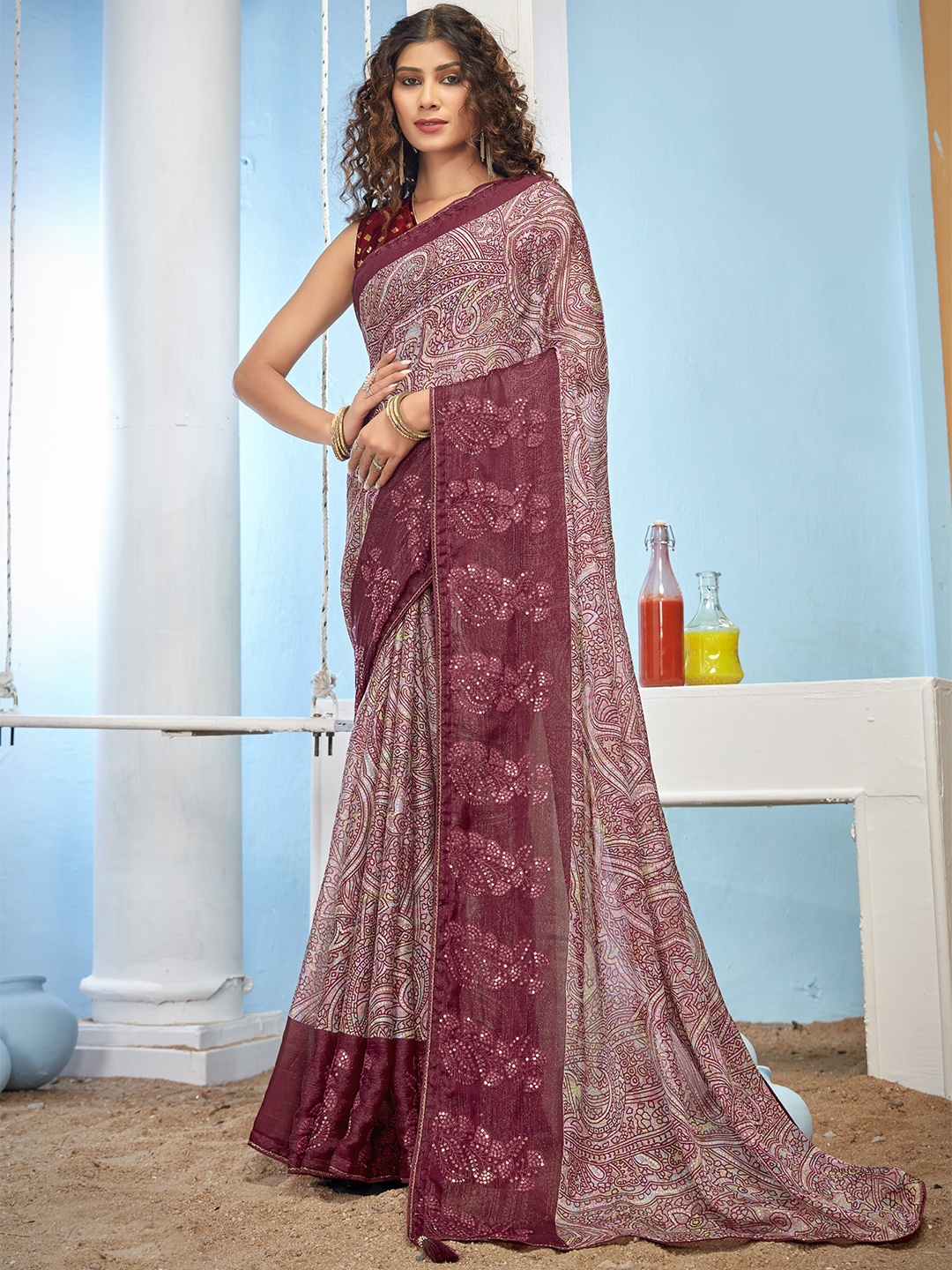 

Triveni Paisley Printed Embroidered Pure Chiffon Saree, Red