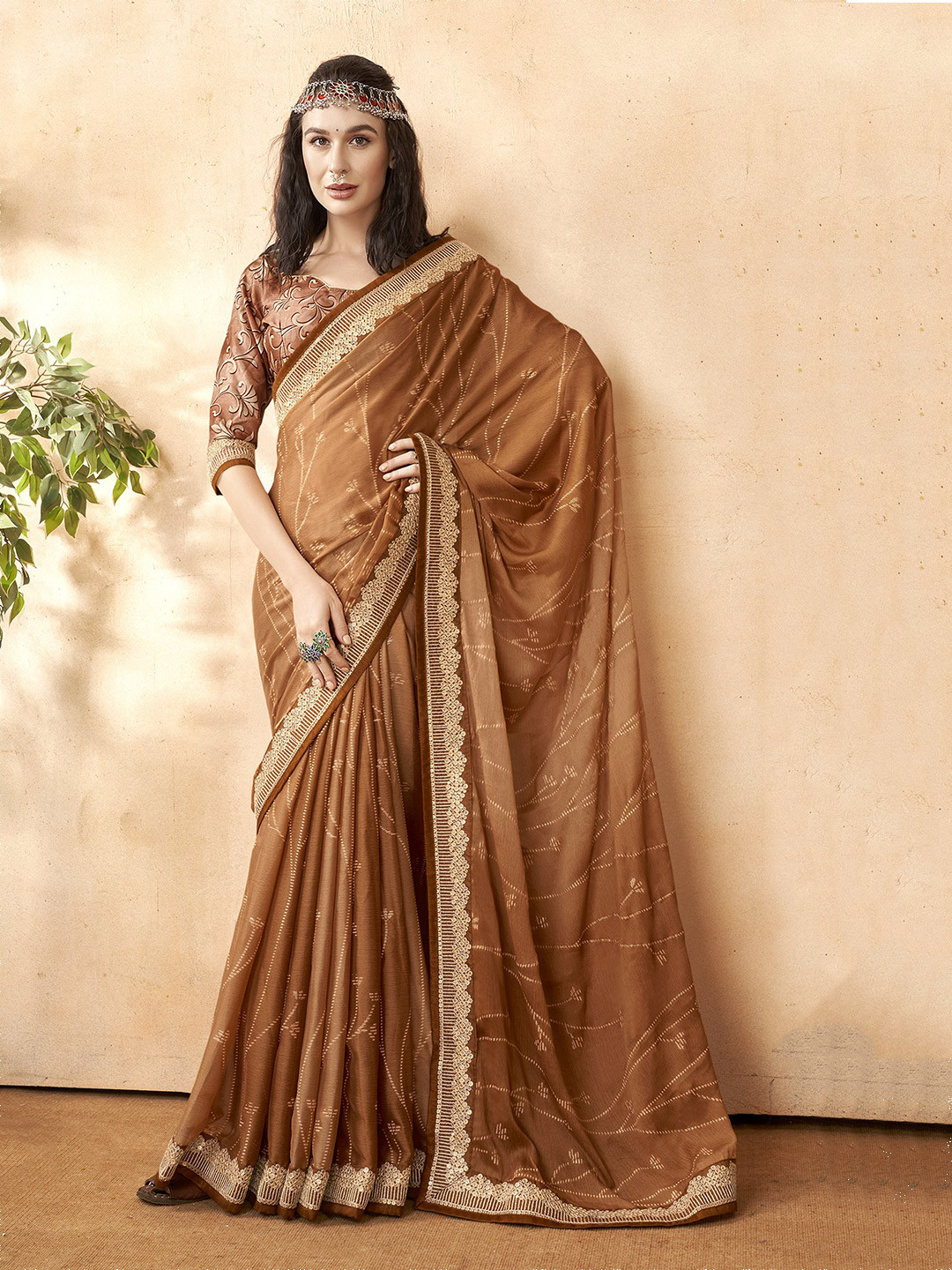 

Triveni Floral Printed Embroidered Pure Chiffon Saree, Beige