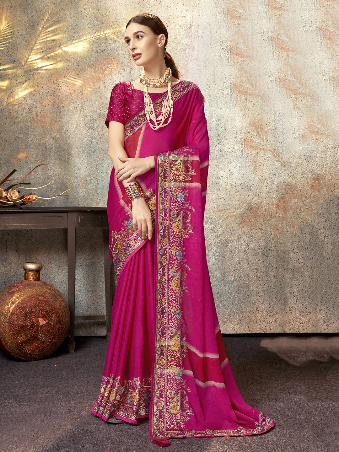 

Triveni Ethnic Motifs Embroidered Pure Chiffon Saree, Pink