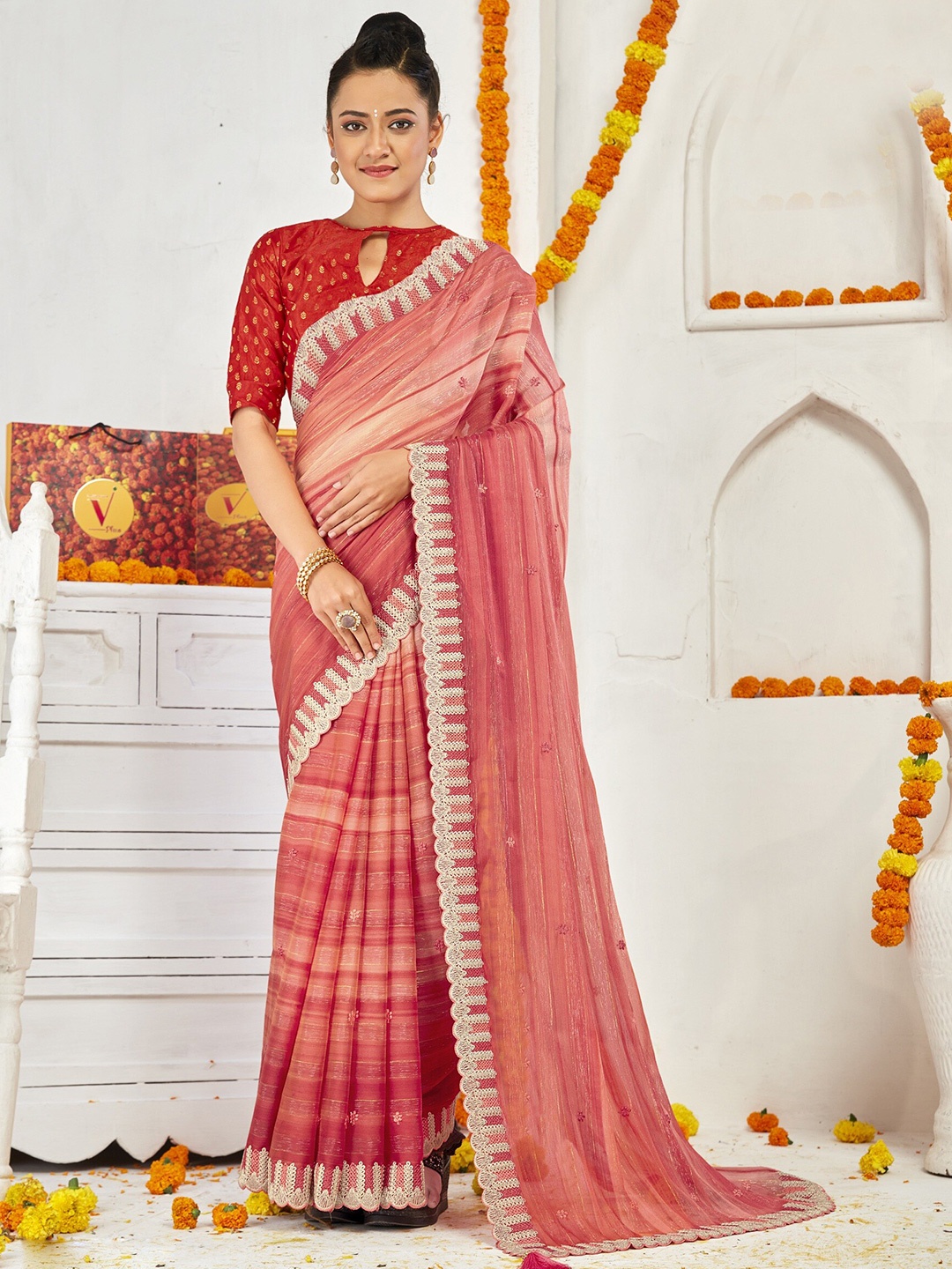 

Triveni Striped Embroidered Pure Chiffon Saree, Orange