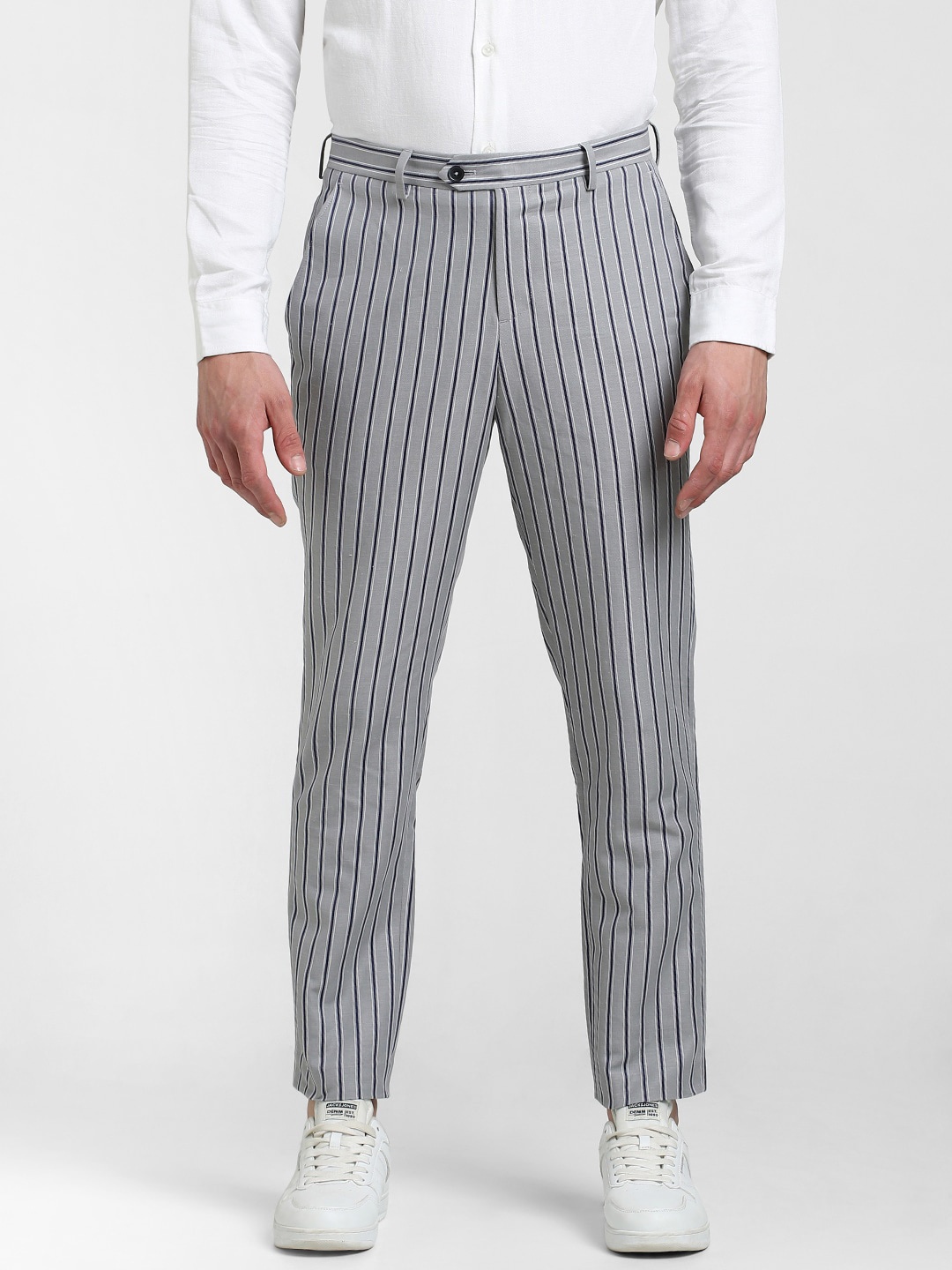 

Jack & Jones Men Striped Mid-Rise Linen Trousers, Grey