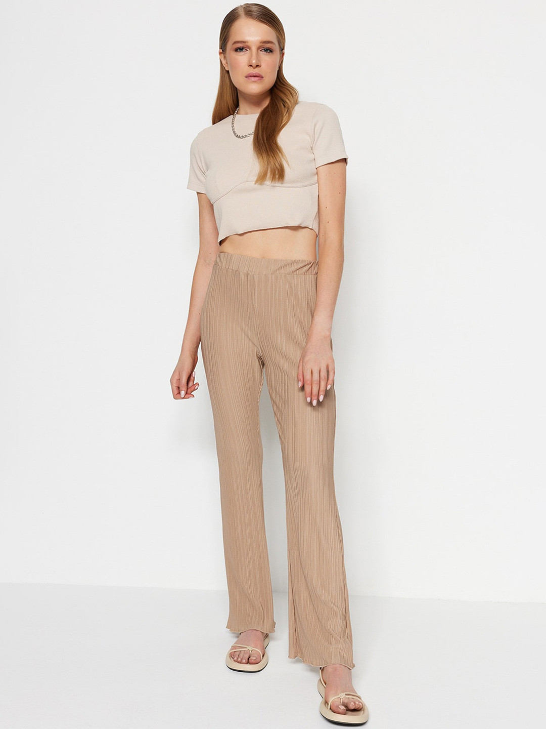 

Trendyol Women Self Design Trousers, Beige