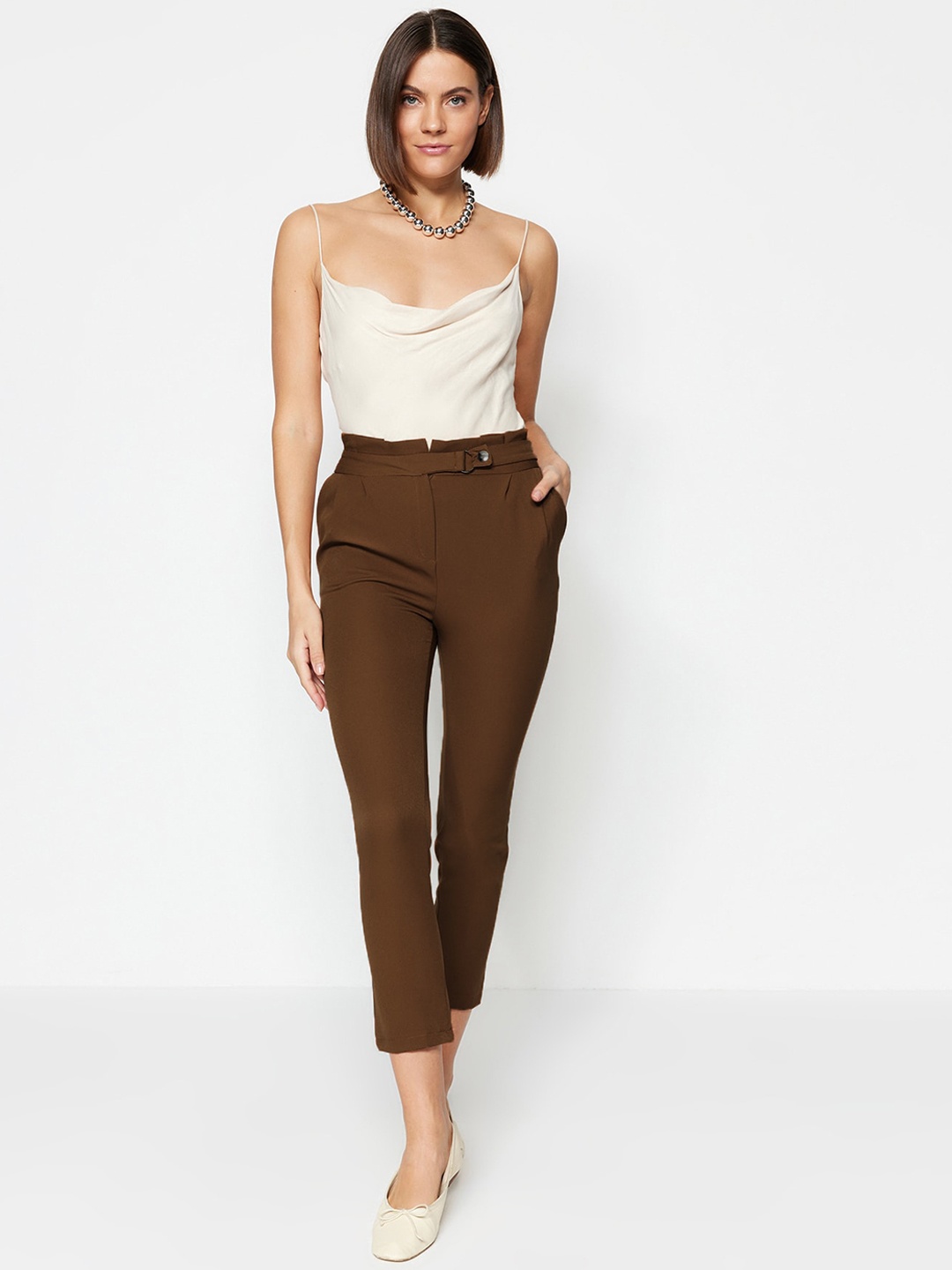 

Trendyol Women Mid-Rise Trousers, Brown