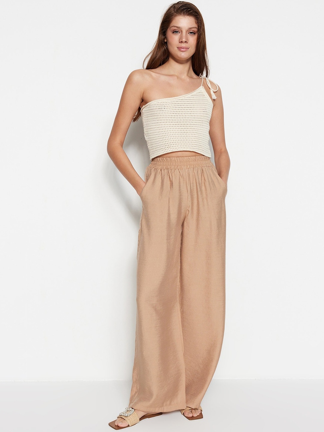 

Trendyol Women High-Rise Parallel Trousers, Beige
