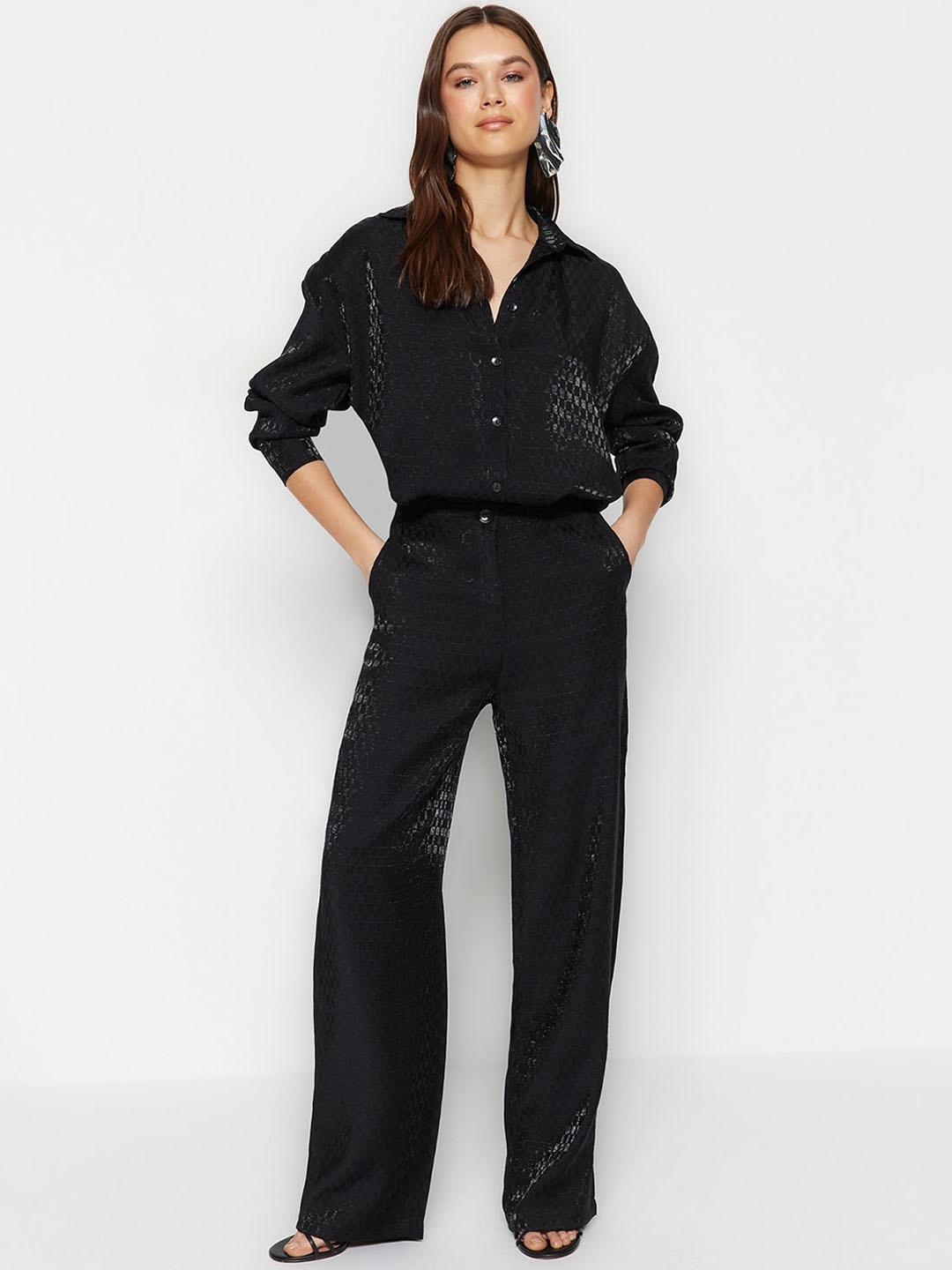 

Trendyol Women Self Design High-Rise Regular Trousers, Black
