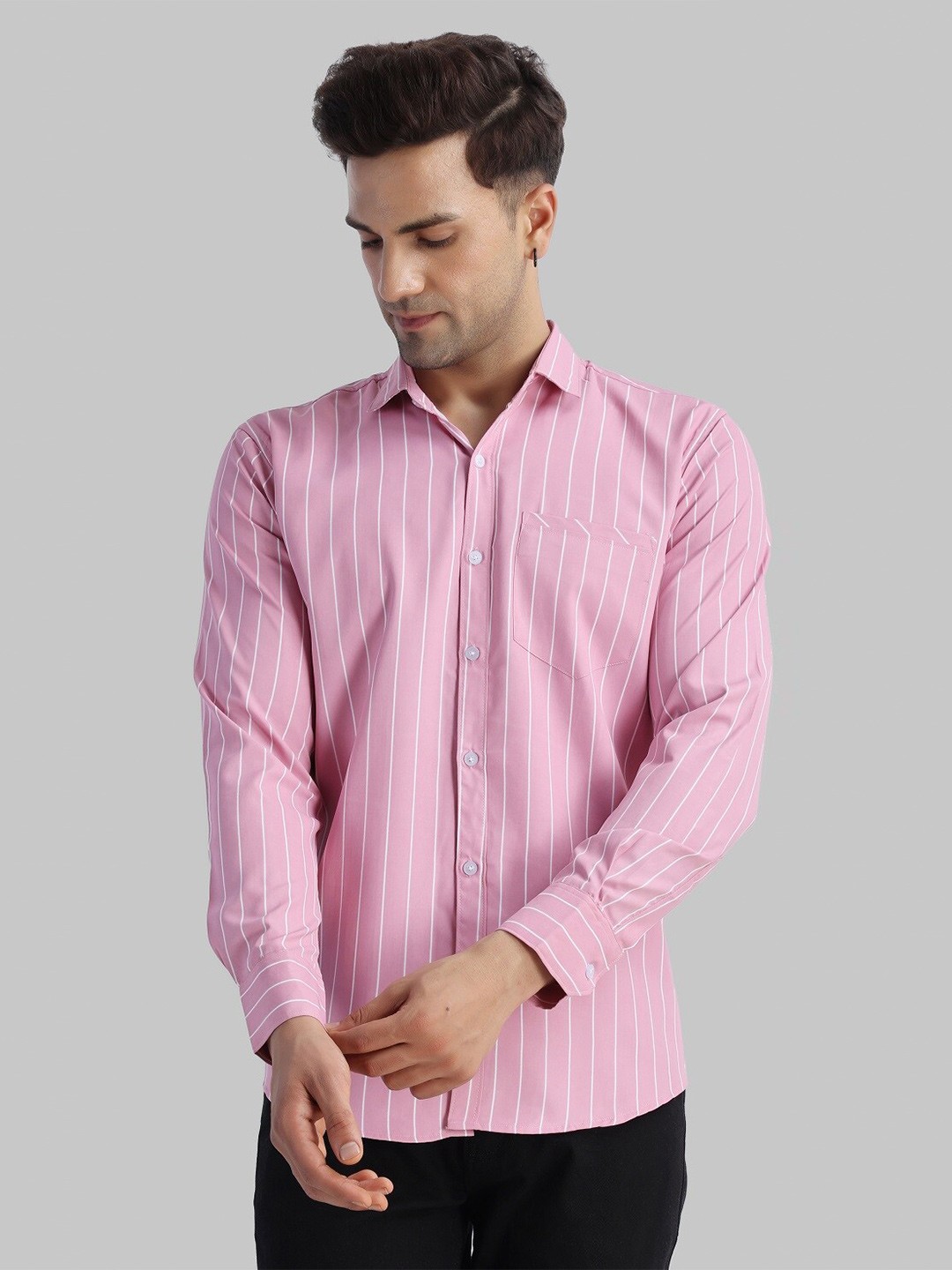 

Voroxy Vertical Striped Spread Collar Cotton Shirt, Pink