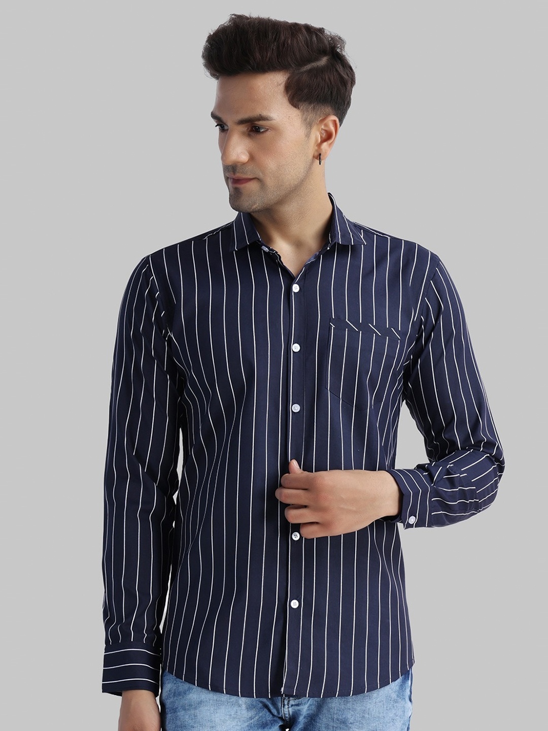 

Voroxy Striped Twill Weave Cotton Casual Shirt, Navy blue