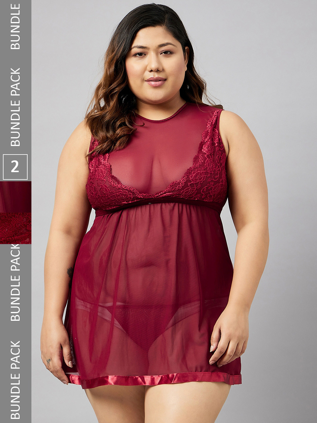 

Curves By ZeroKaata Pack Of 2 Plus Size Self Design Net Baby Doll, Maroon