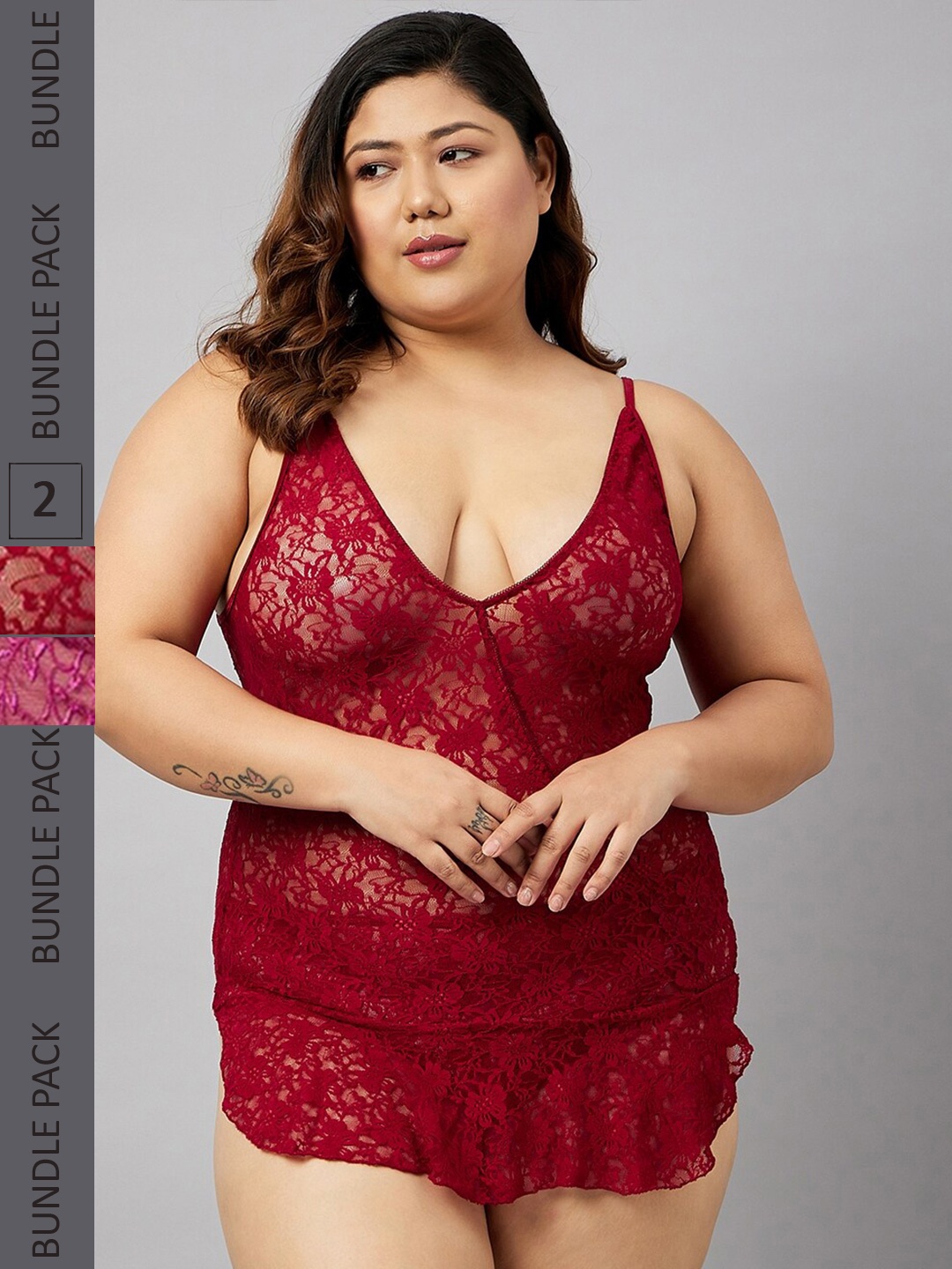 

Curves By ZeroKaata Pack Of 2 Strapless Self Design Baby Doll, Maroon