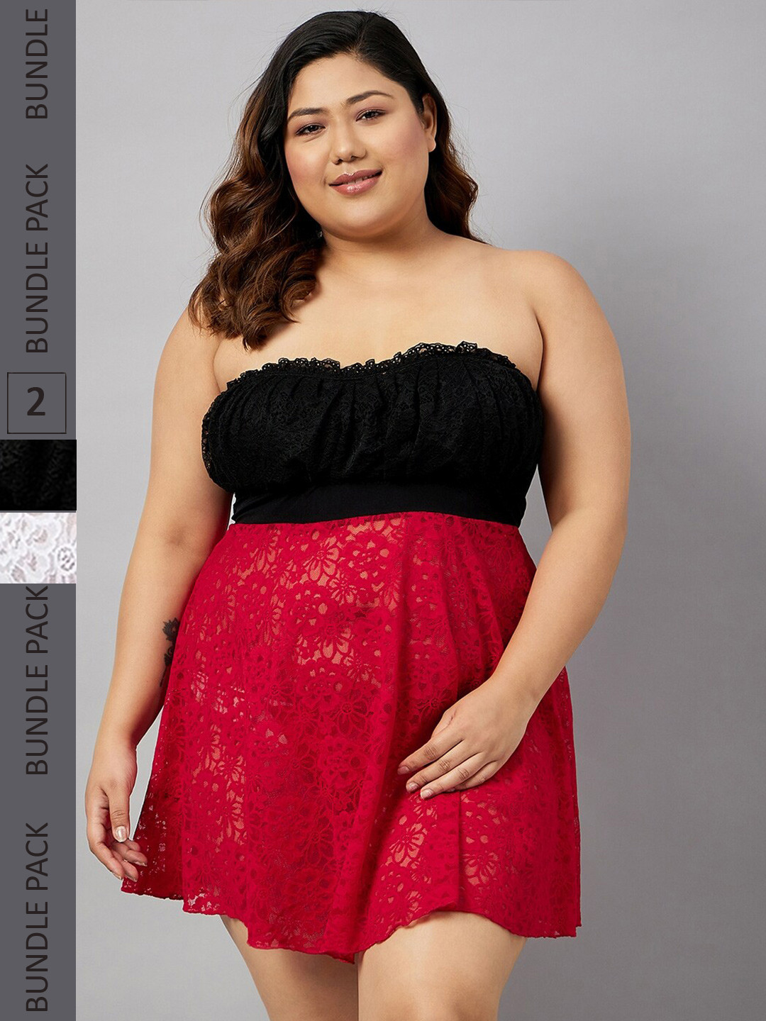 

Curves By ZeroKaata Pack Of 2 Strapless Self Design Baby Doll, Red