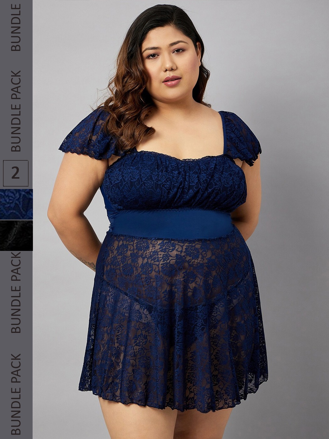 

Curves By ZeroKaata Pack Of 2 Strapless Self Design Baby Doll, Navy blue