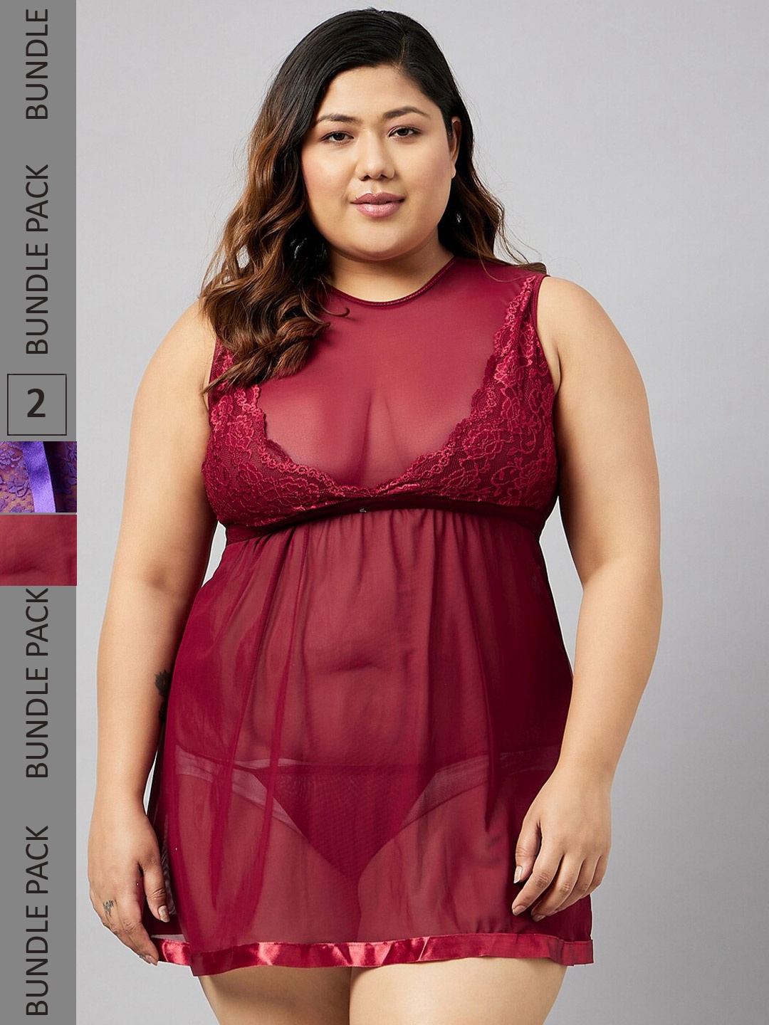 

Curves By ZeroKaata Pack Of 2 Net Halter Neck Self Design Baby Doll, Maroon
