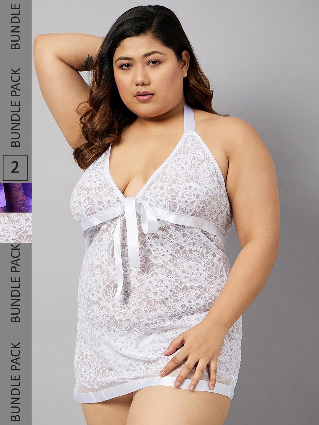 

Curves By ZeroKaata Pack Of 2 Halter Neck Self Design Baby Doll, White