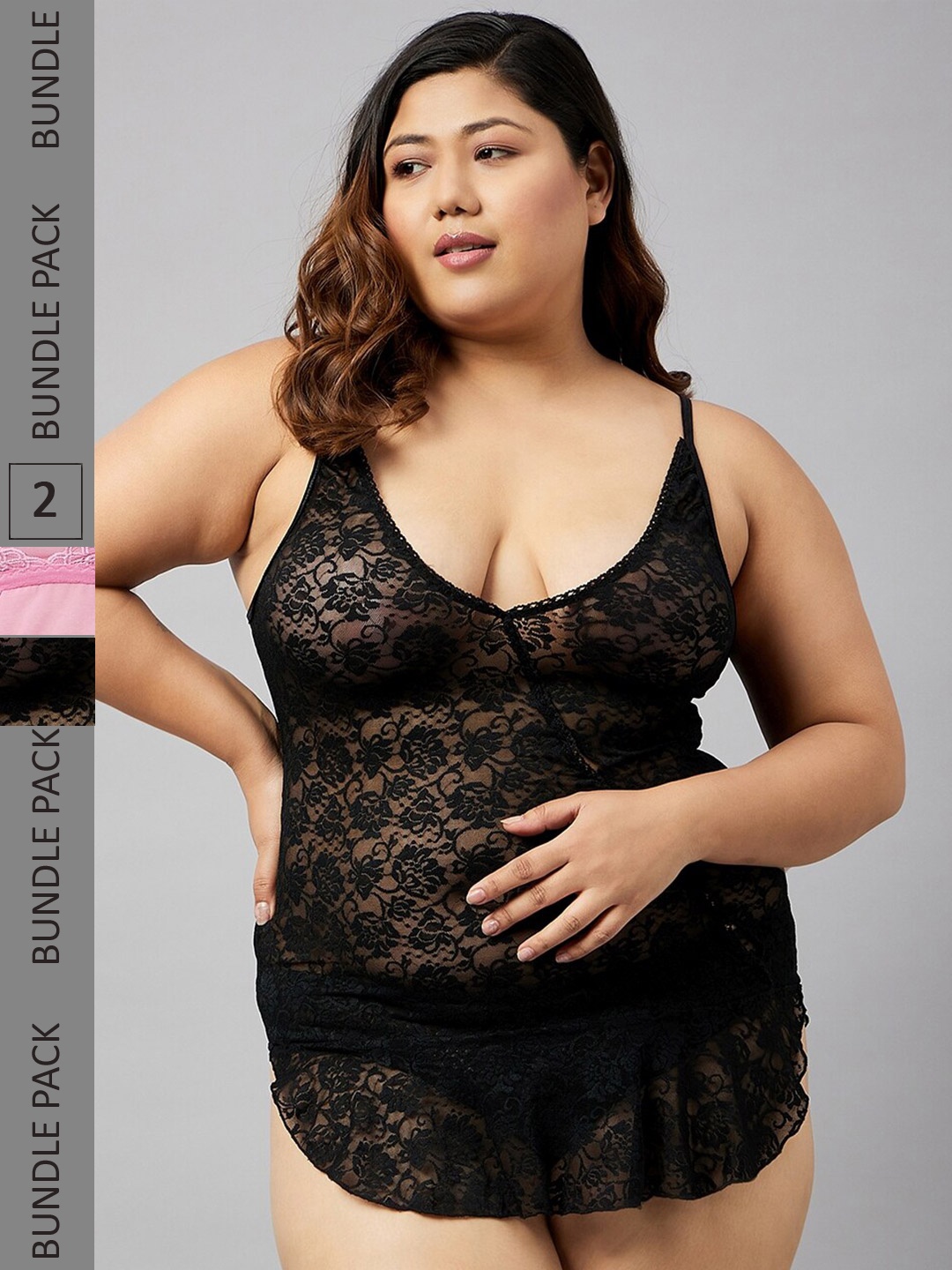 Curves By ZeroKaata Pack Of 2 Strapless Self Design Baby Doll, Black