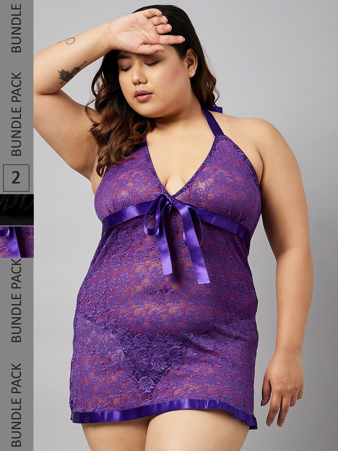 

Curves By ZeroKaata Pack Of 2 Halter Neck Self Design Baby Doll, Purple