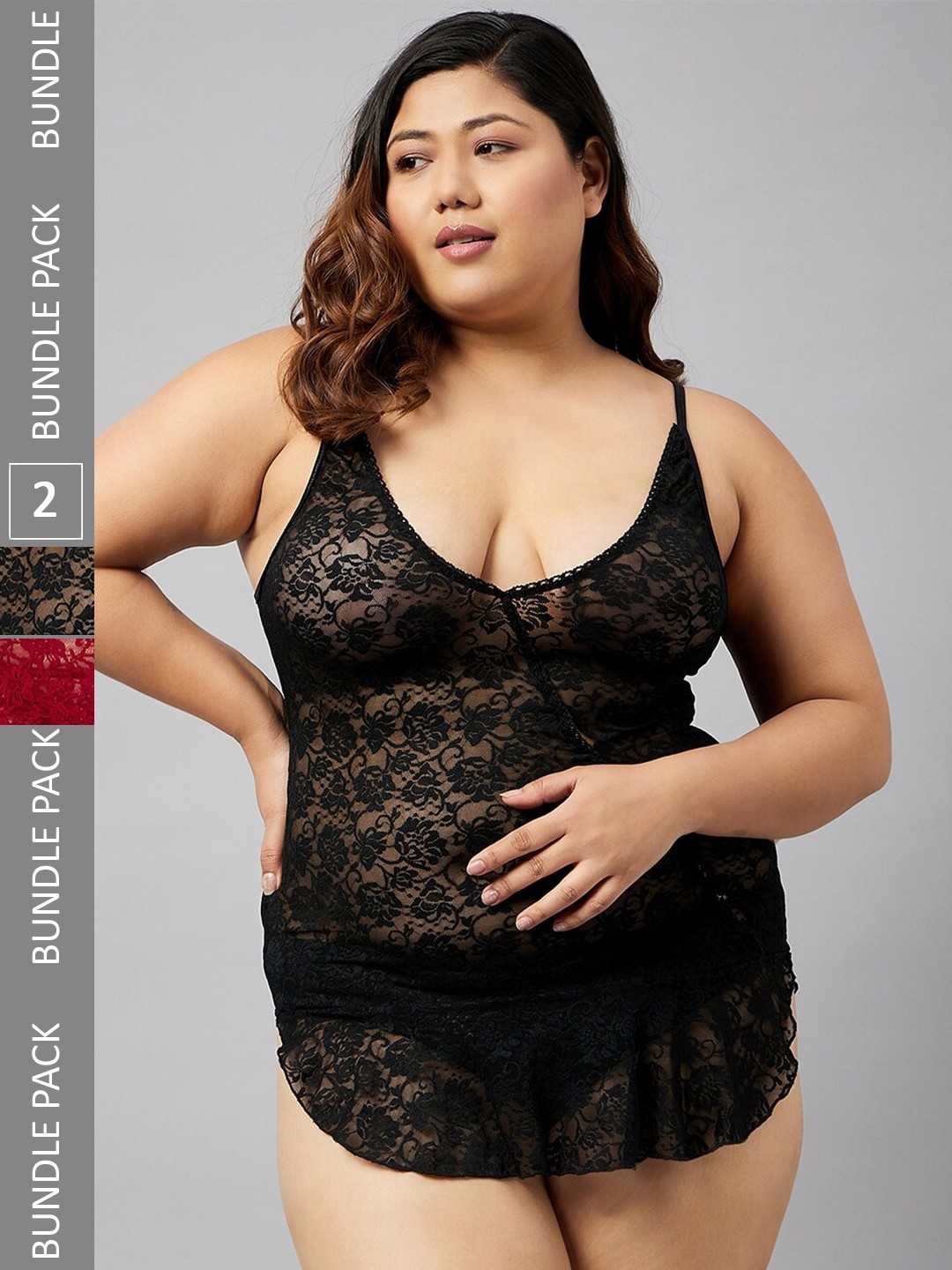 

Curves By ZeroKaata Pack Of 2 Self Design Baby Doll With High-Low, Black