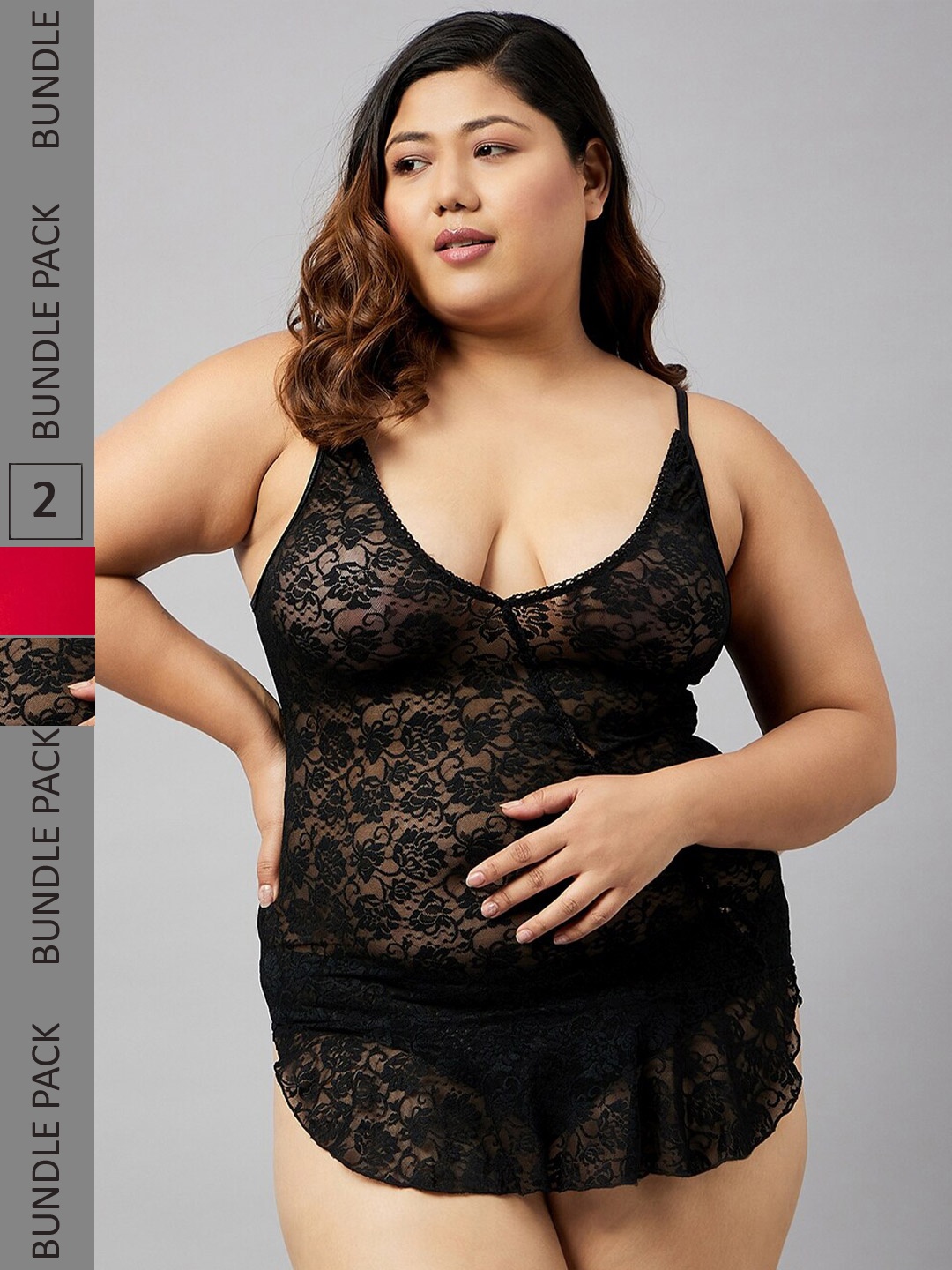 

Curves By ZeroKaata Pack Of 2 Self Design Baby Doll, Black