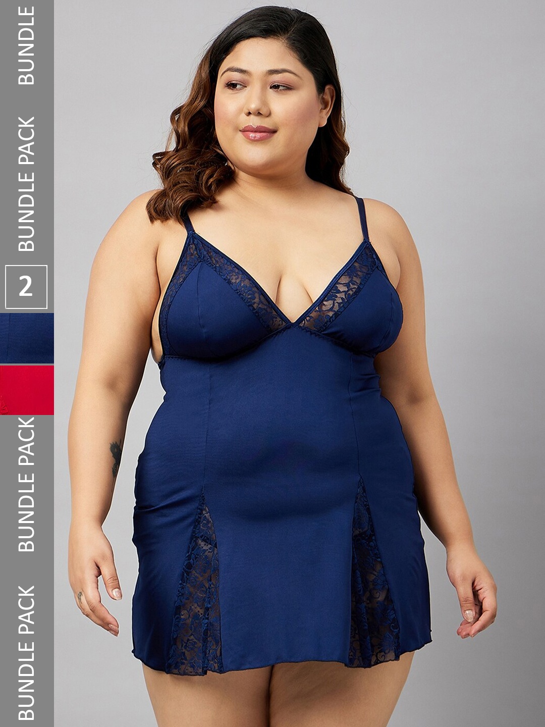 

Curves By ZeroKaata Plus Size Pack Of 2 Assorted Self Design Baby Dolls With Briefs, Navy blue