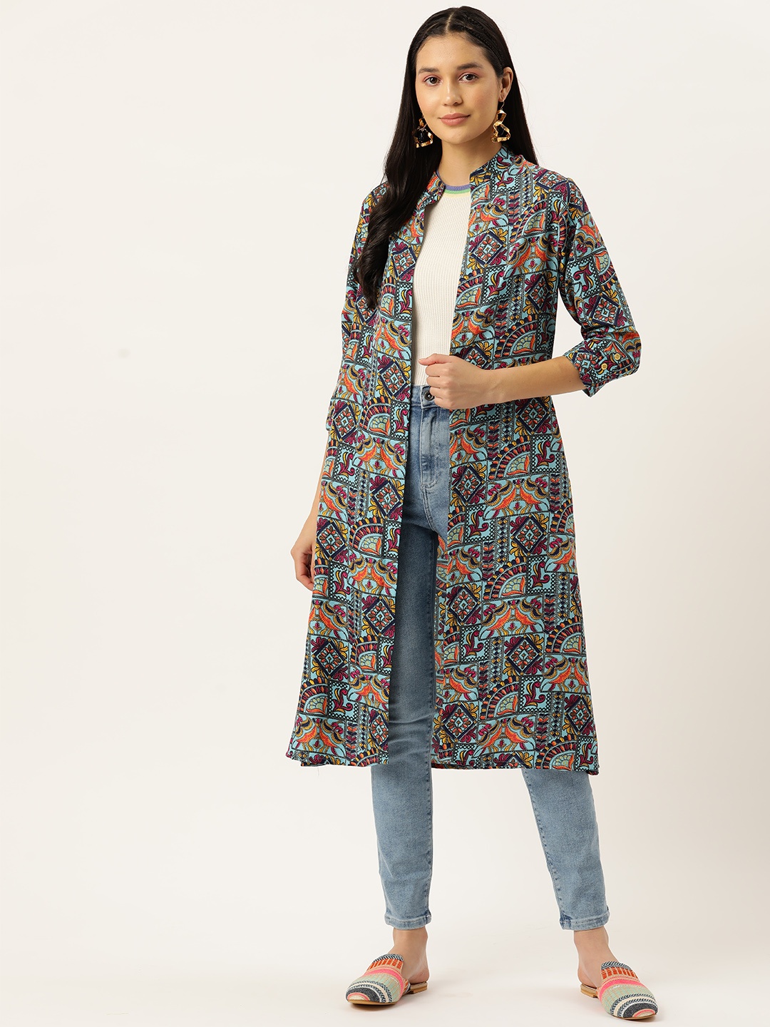 

WISSTLER Women Floral Printed Longline Shrug, Turquoise blue