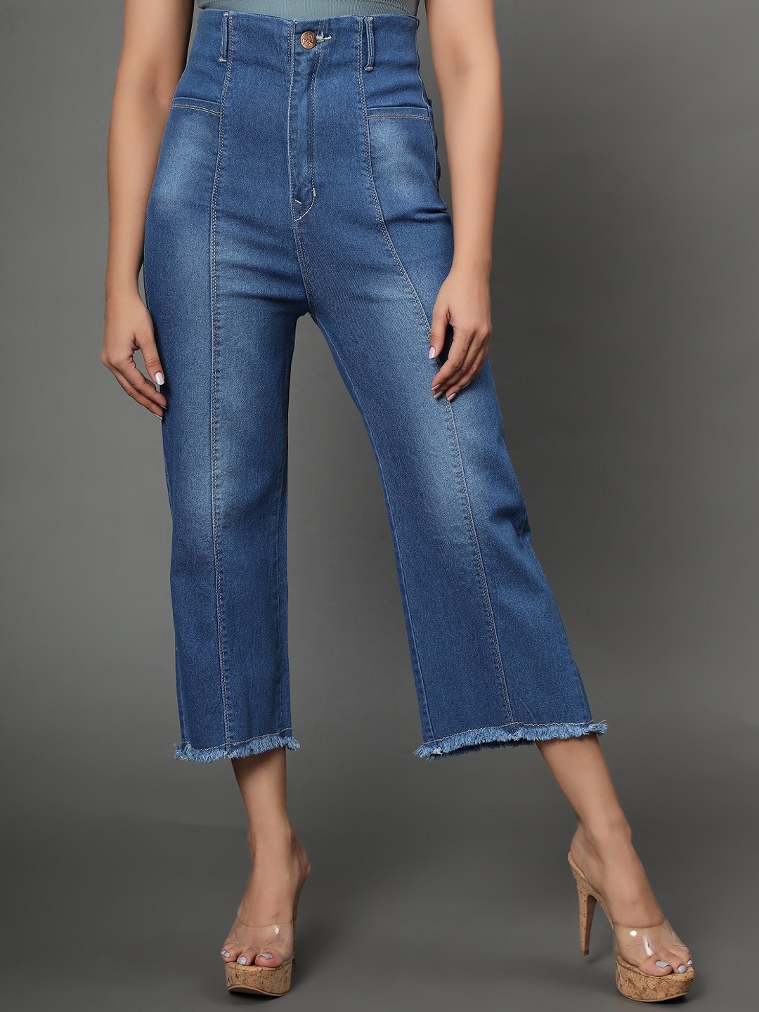 

BAESD Women Clean Look High-Rise Light Fade Cotton Wide Leg Fit Jeans, Blue