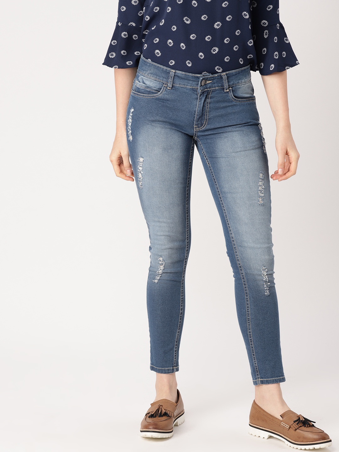 

DressBerry Women Blue Skinny Fit Mid-Rise Low Distress Stretchable Jeans