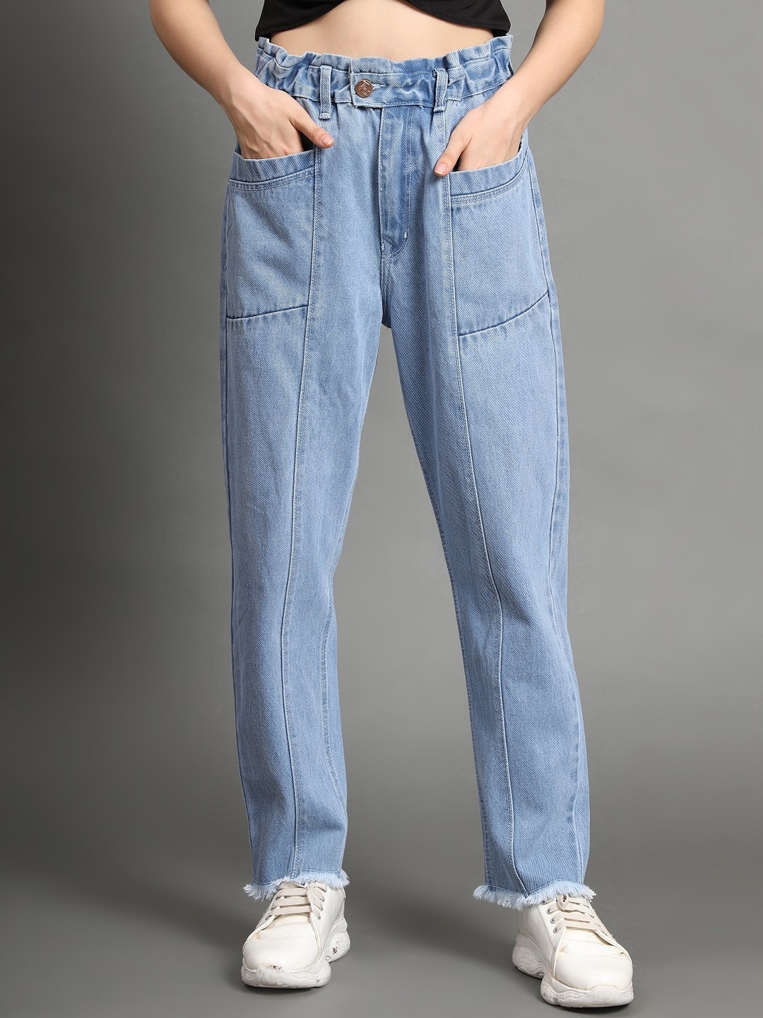 

BAESD Women Straight Fit High-Rise Heavy Fade Clean Look Cotton Jeans, Blue
