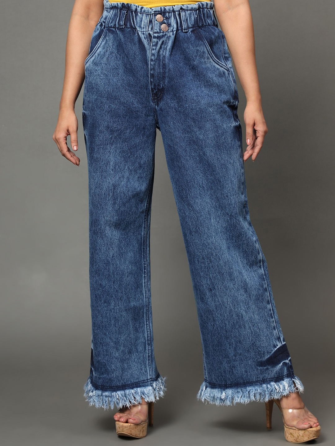 

BAESD Women Clean Look High-Rise Light Fade Cotton Wide Leg Jeans, Blue