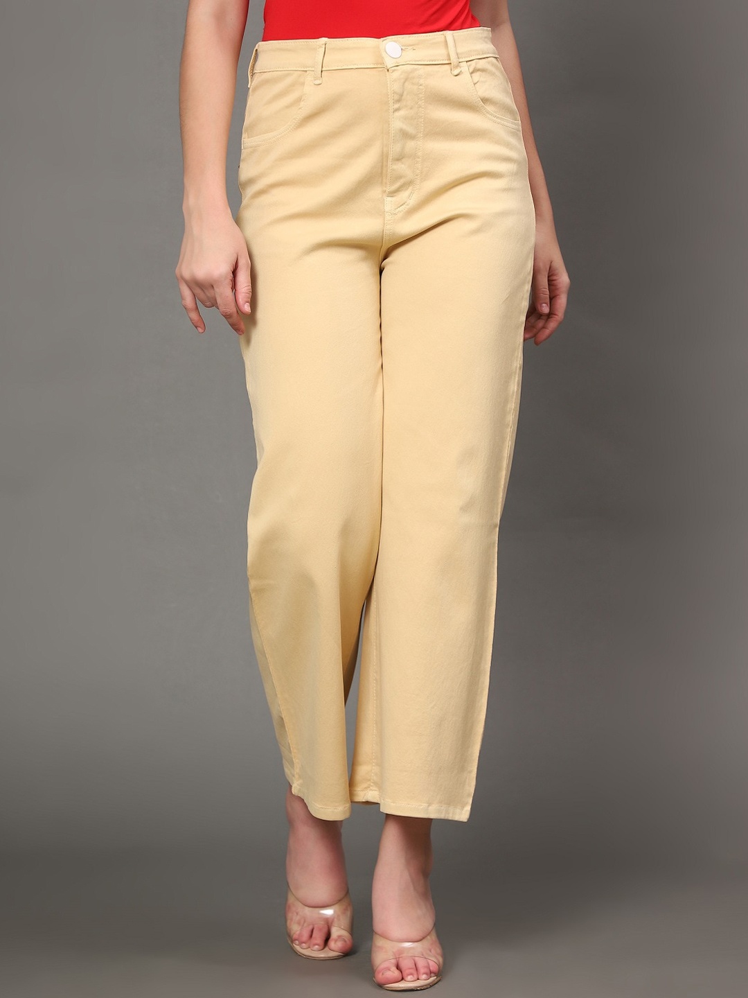 

BAESD Women High-Rise Clean Look Relaxed Fit Cotton Cropped Jeans, Yellow