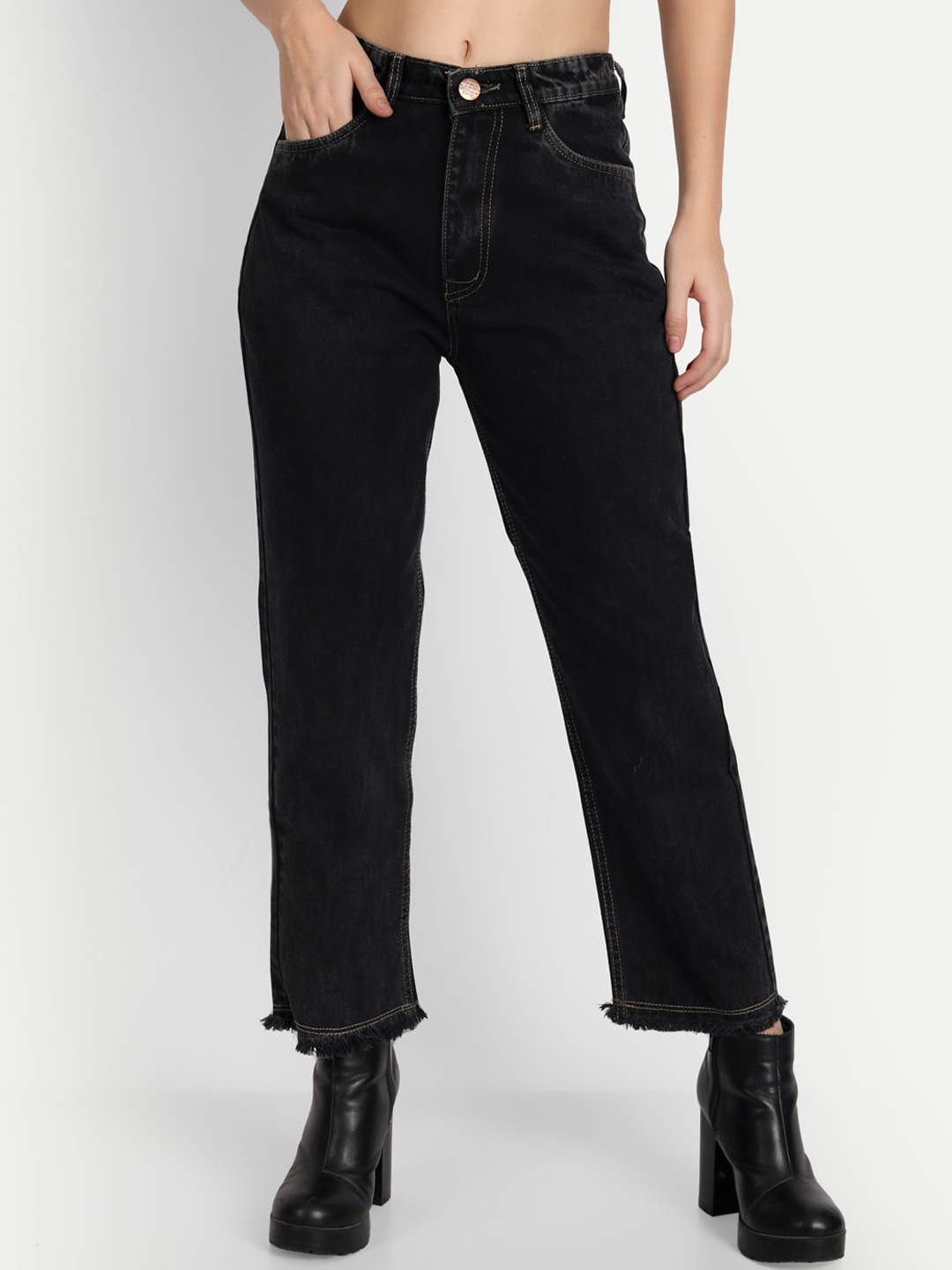 

BAESD Women Straight Fit Mid-Rise Cotton Jeans, Black