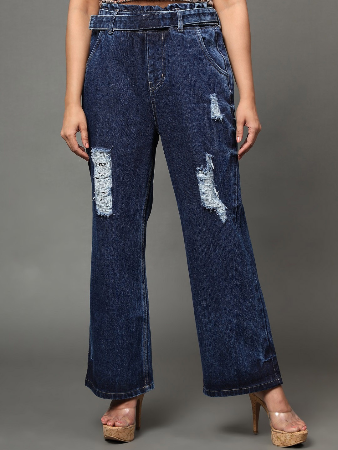 

BAESD Women Jean Wide Leg High-Rise Mildly Distressed Cotton Jeans, Navy blue