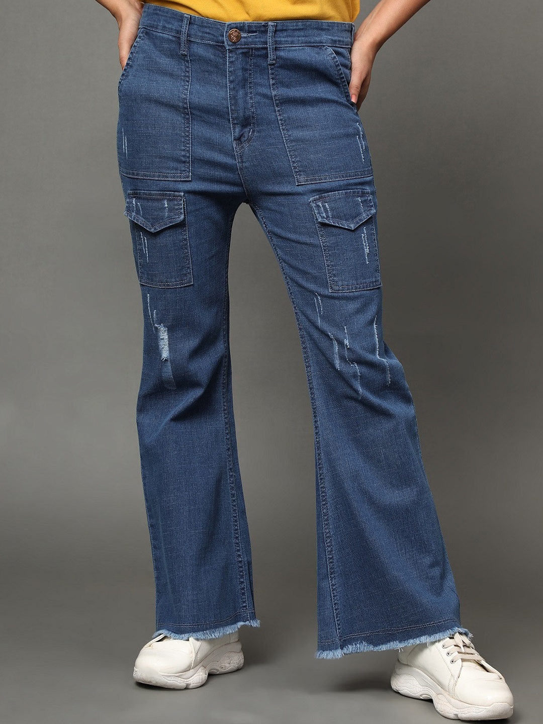 

BAESD Women High-Rise Mildly Distressed Cotton Bootcut Jeans, Blue