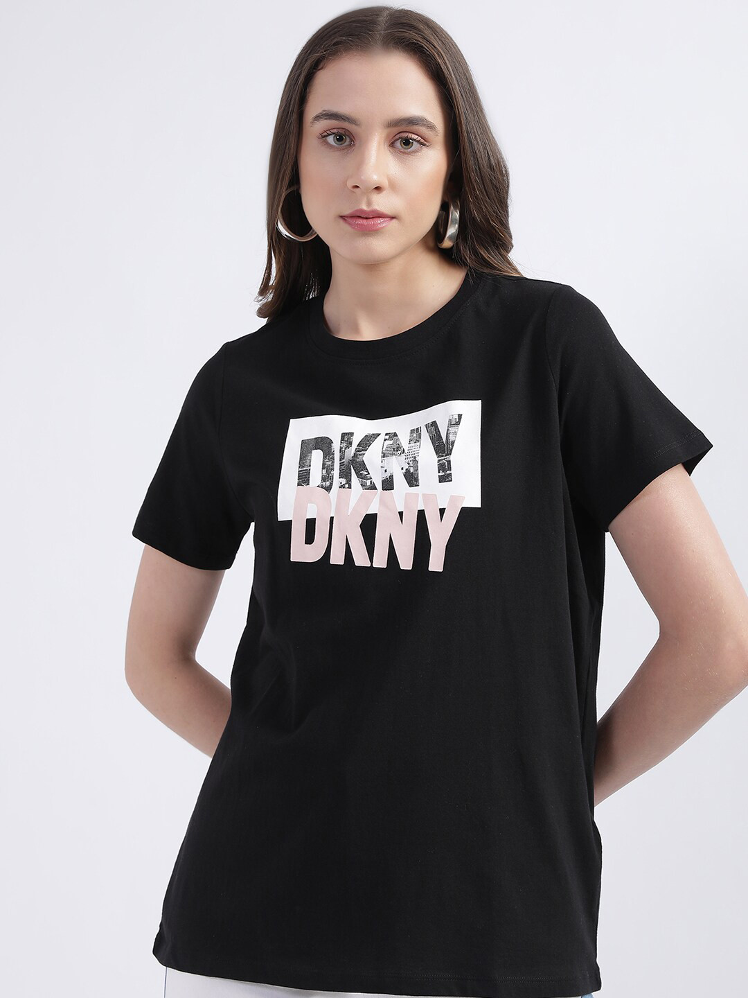 

DKNY Typography Printed Round Neck Cotton T-shirt, Black
