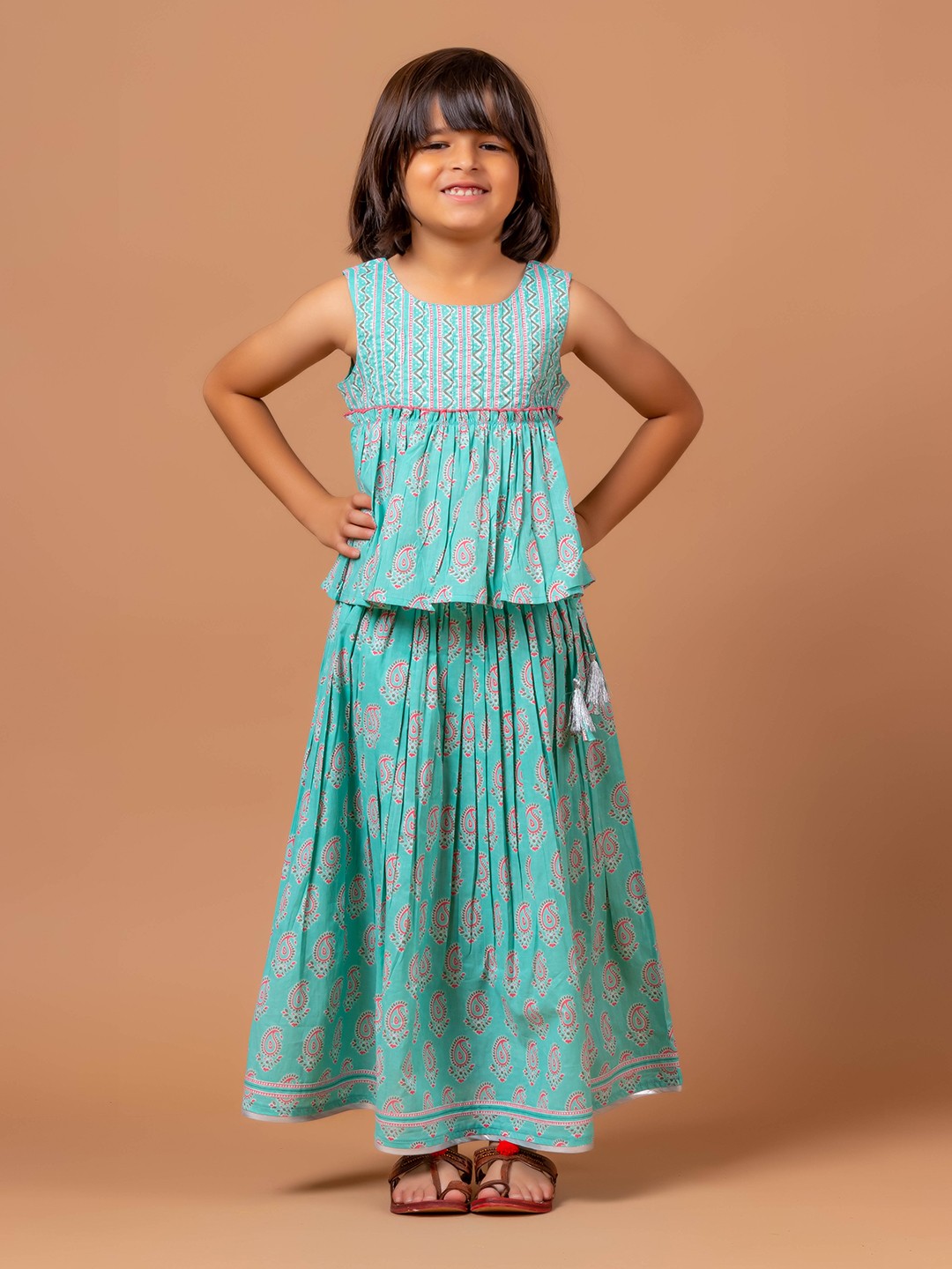 

Sangria Girls Shivani Buti Printed Pure Cotton Lehenga, Sea green