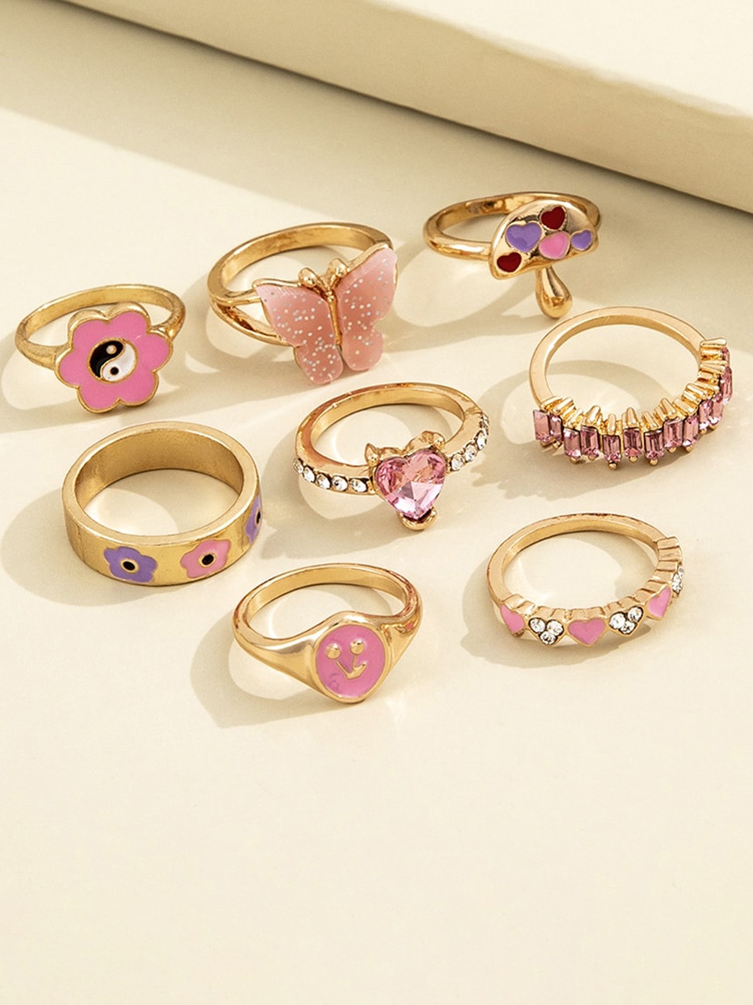 

Shining Diva Fashion Set of 8 Gold Plated Crystal Butterfly Finger Rings