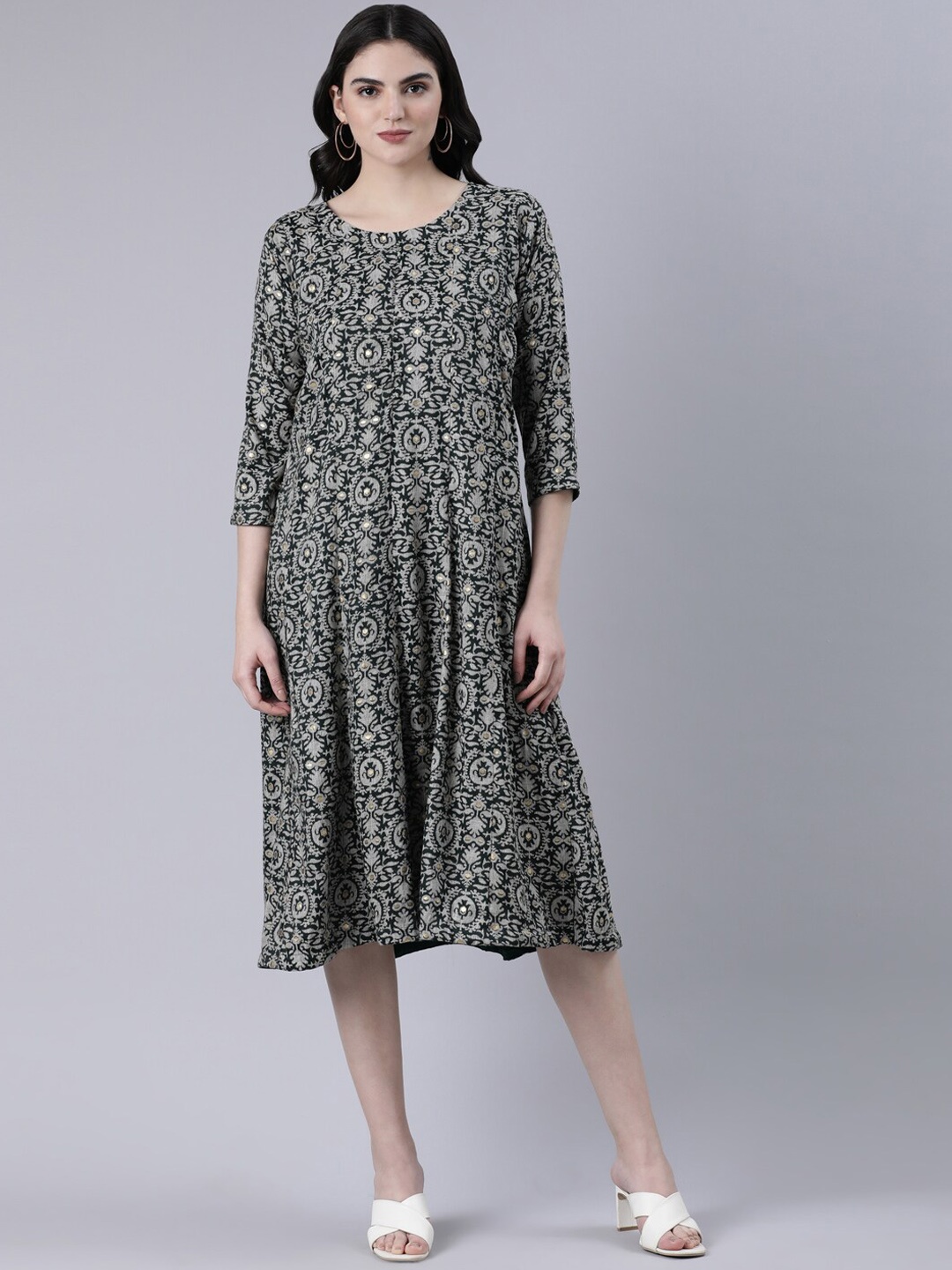 

GOLDSTROMS Ethnic Printed A-line Midi Length Ethnic Dress, Black