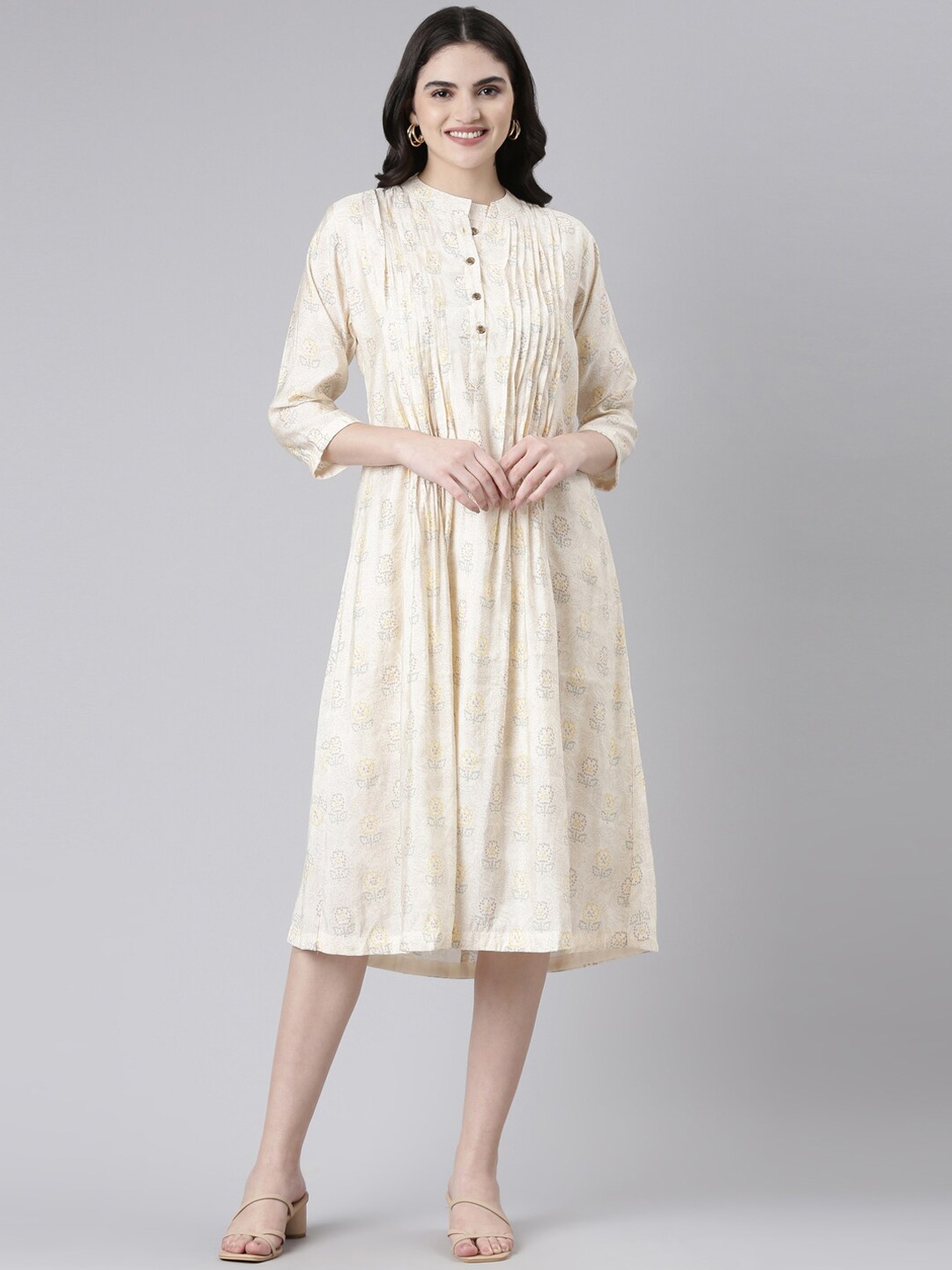 

GOLDSTROMS Floral Printed Mandarin Collar Cotton A-line Ethnic Dresses, Cream