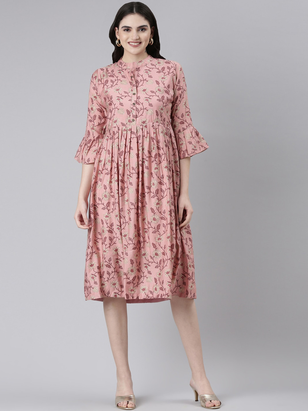 

GOLDSTROMS Floral Printed Mandarin Collar Bell Sleeves Fit & Flare Ethnic Dresses, Peach