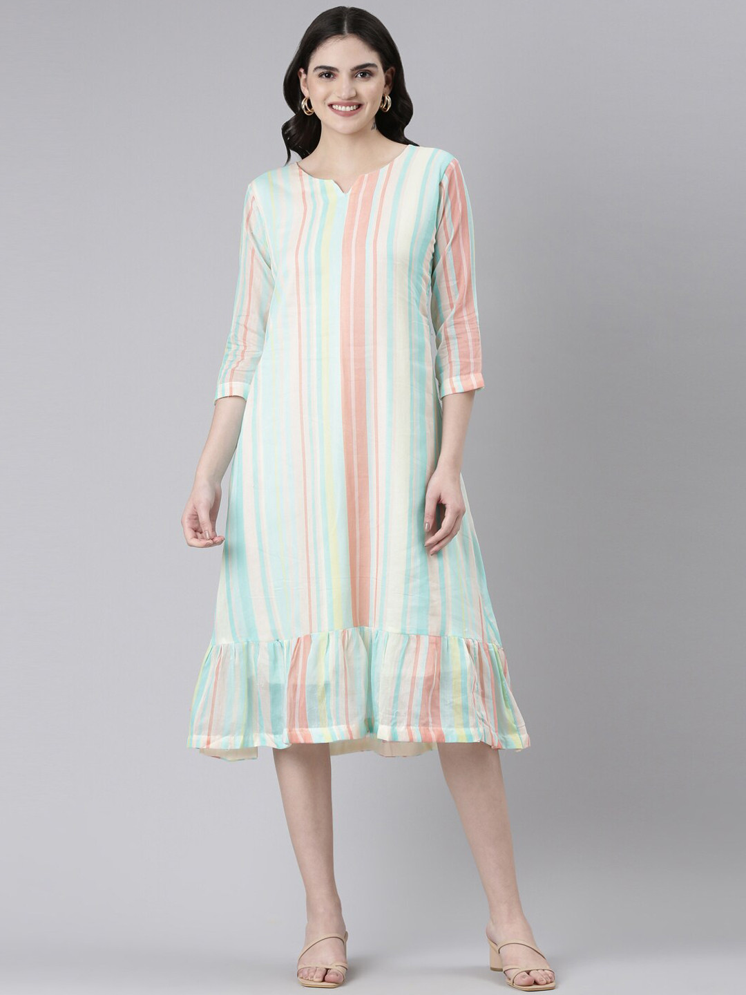 

GOLDSTROMS Vertical Striped A-Line Ethnic Dresses, Green