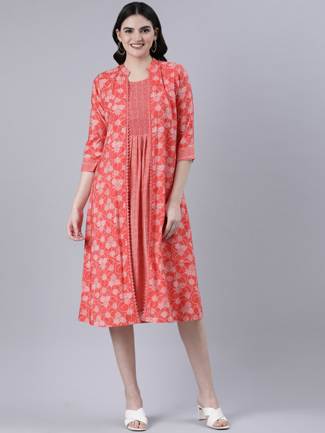 

GOLDSTROMS Ethnic Printed Smocked A-line Jacket Style Ethnic Dresses, Orange