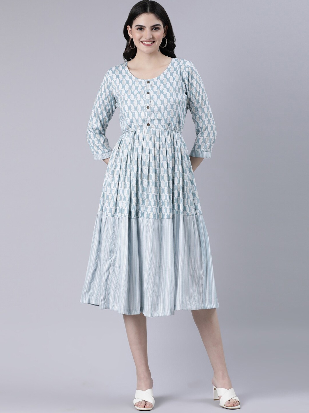 

GOLDSTROMS Tropical Printed Midi Length Ethnic Dresses, Blue
