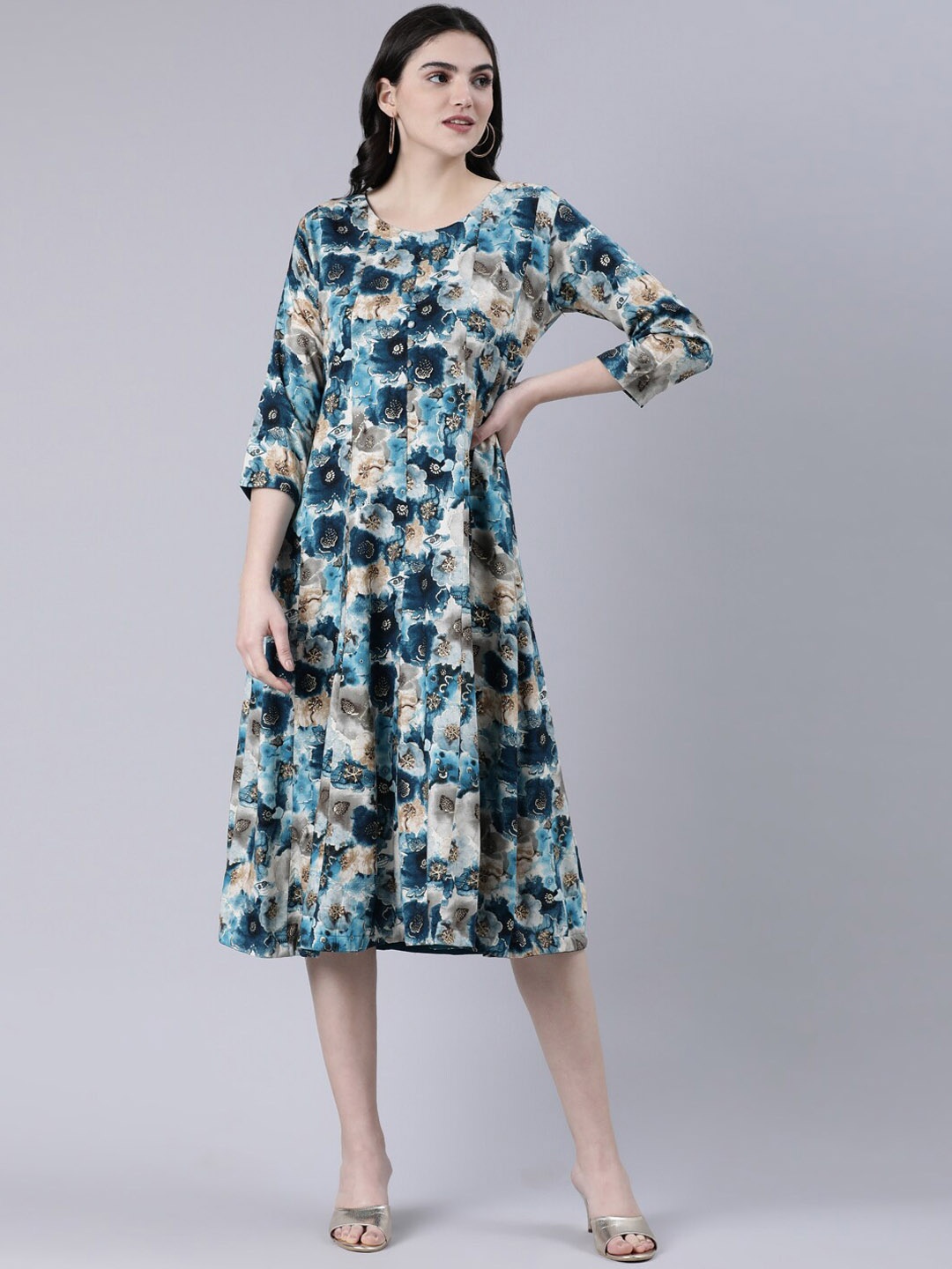 

GOLDSTROMS Floral Printed Midi Ethnic Dresses, Blue
