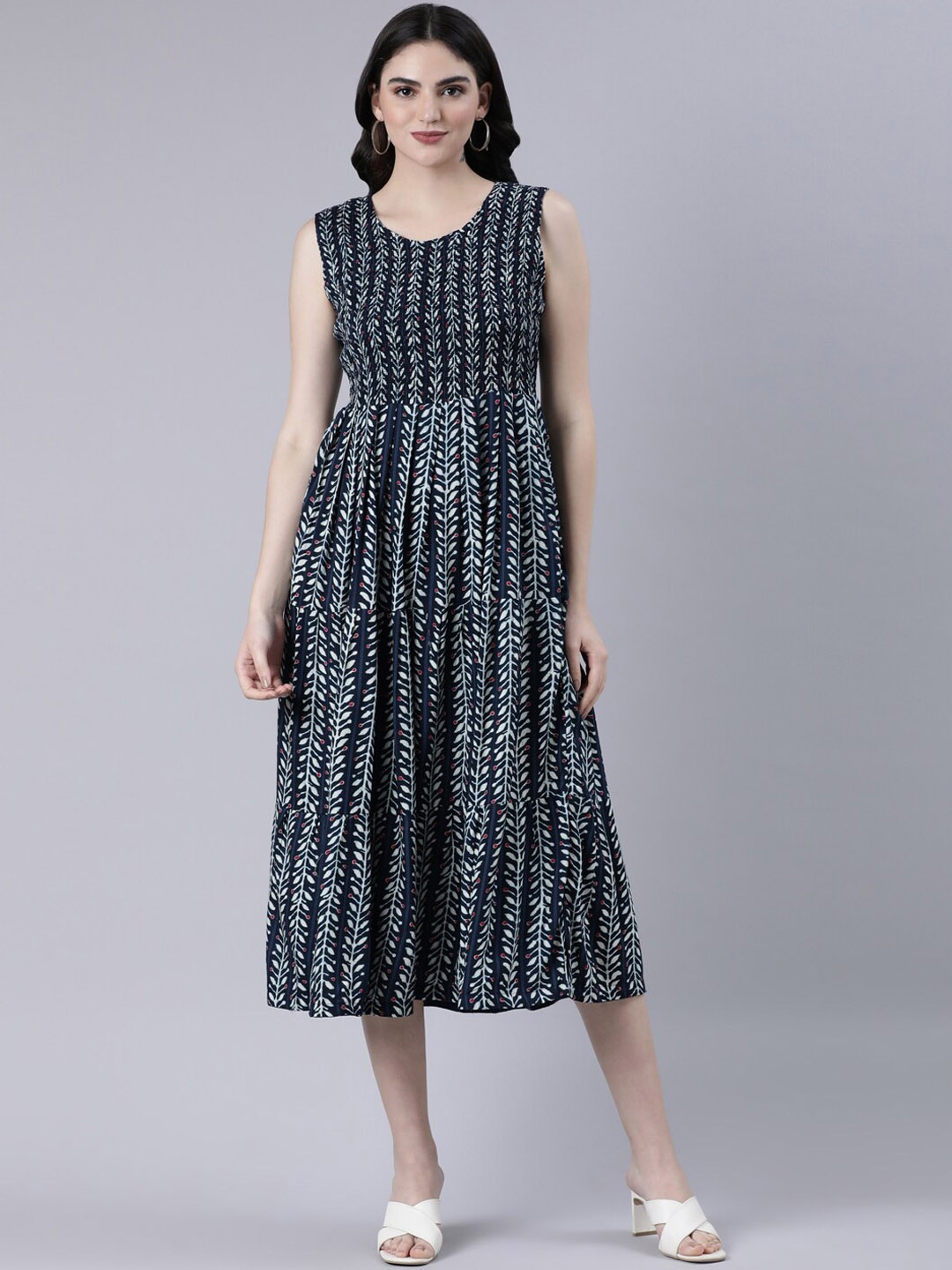 

GOLDSTROMS Sleeveless Printed Fit & Flare Ethnic Dresses, Navy blue