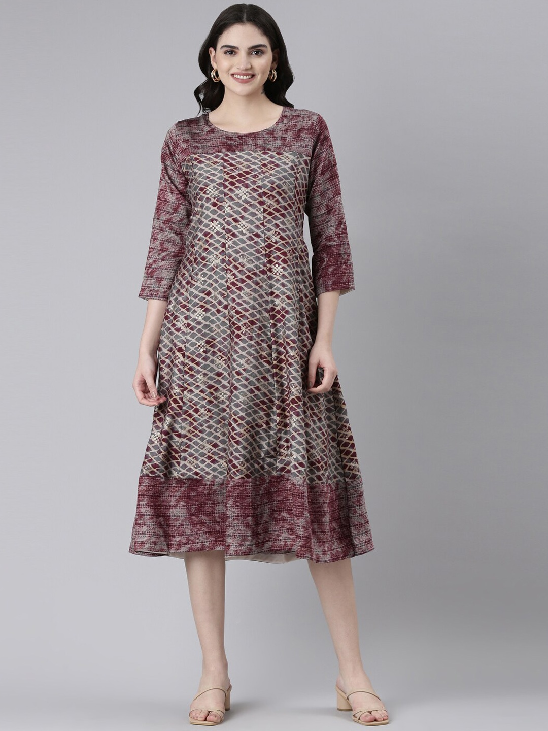

GOLDSTROMS Printed Midi Fit & Flare Ethnic Dress, Maroon