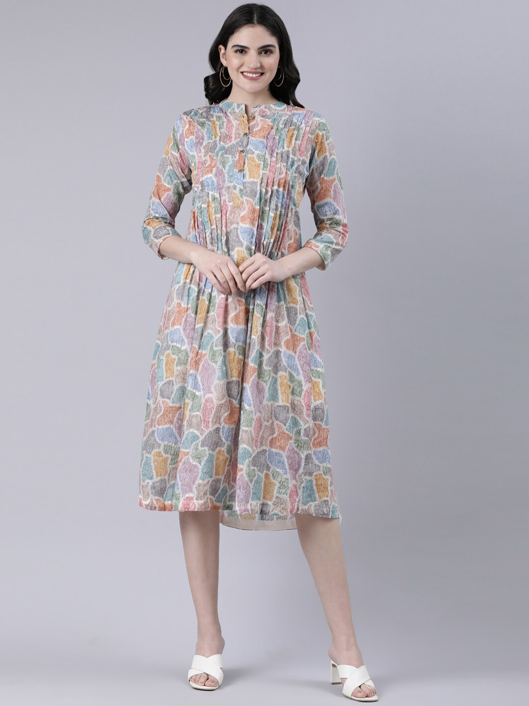 

GOLDSTROMS Printed Mandarin Fit and Flare Ethnic Dress, Blue