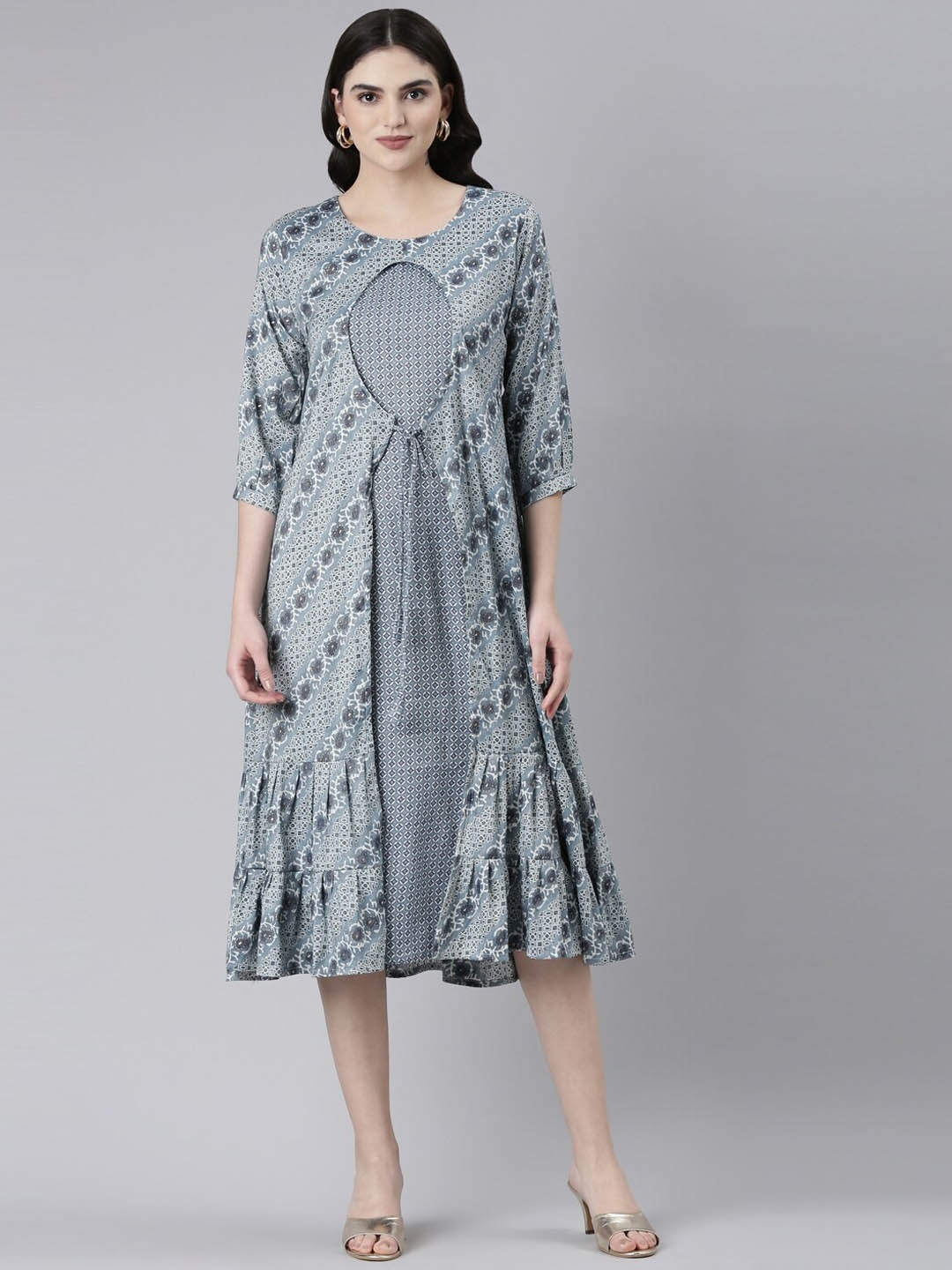 

GOLDSTROMS Ethnic Motifs Printed Fit & Flare Jacket Style Ethnic Dresses, Grey