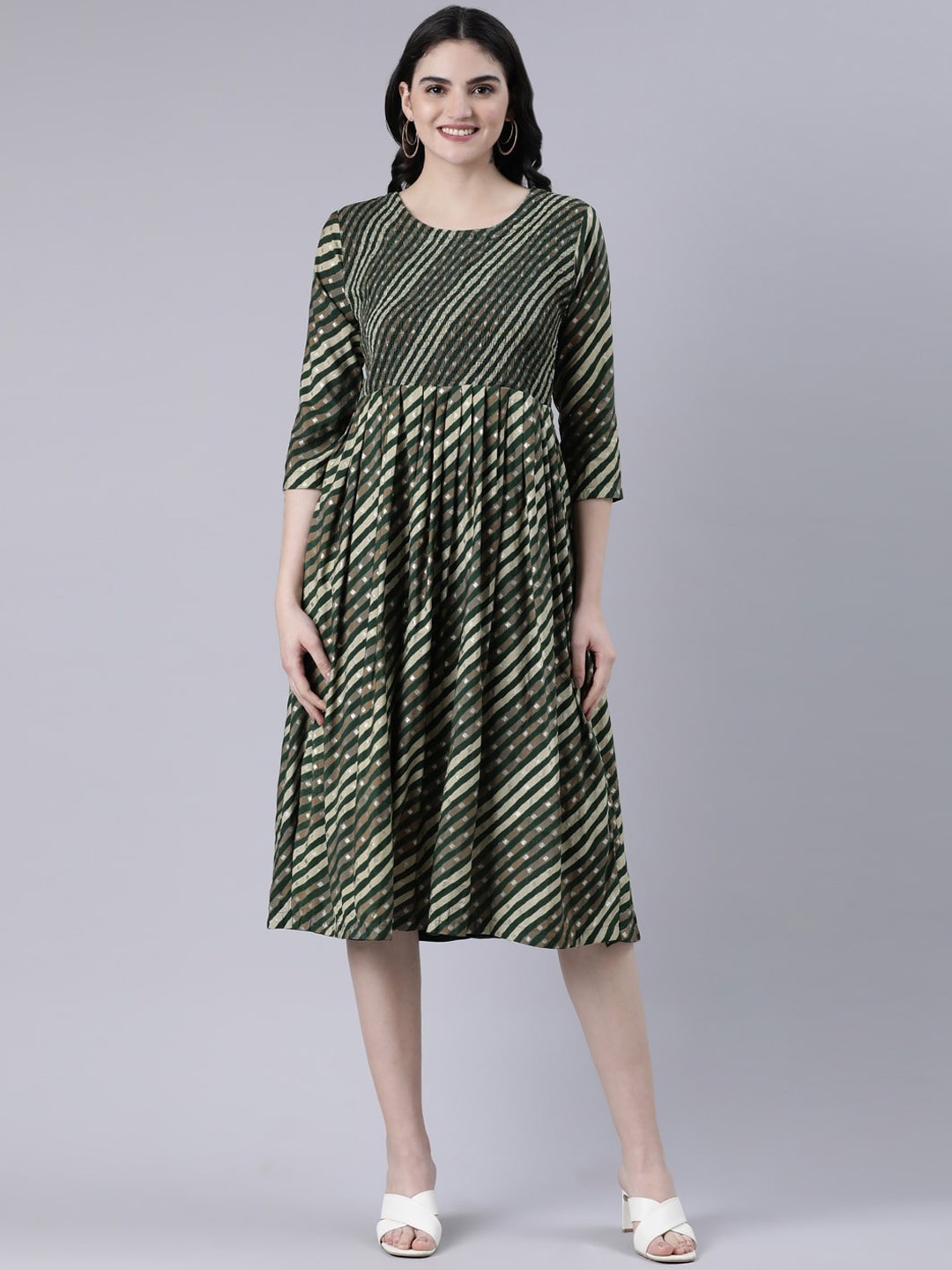 

GOLDSTROMS Striped Smocked Fit & Flare Ethnic Dresses, Green