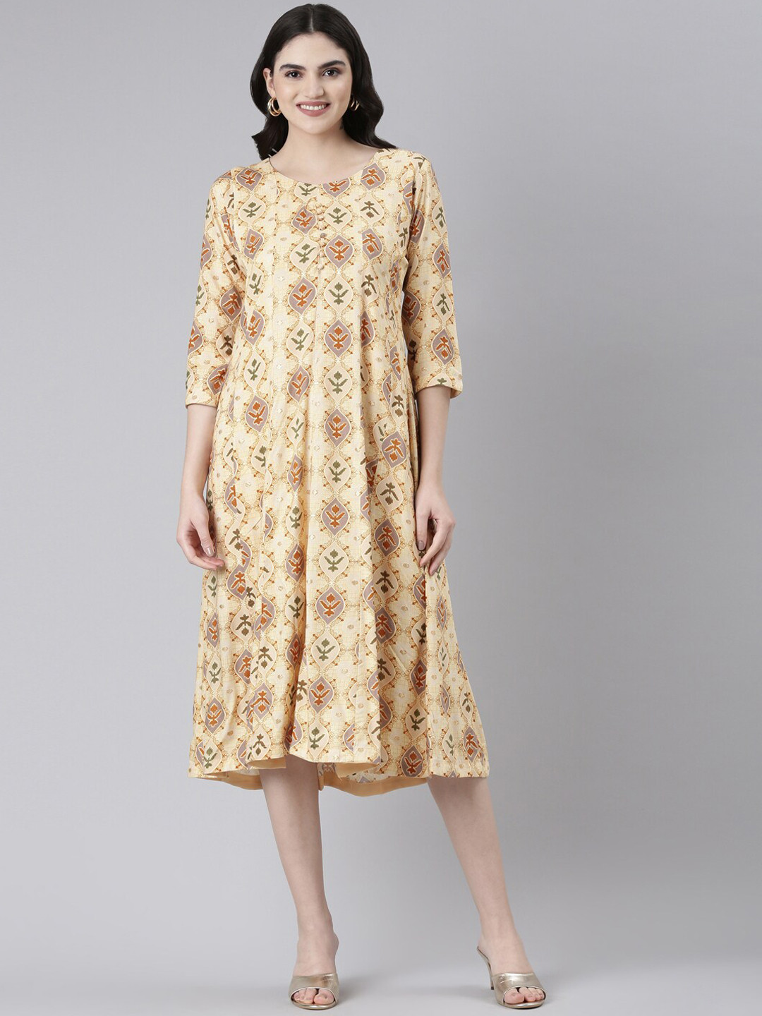 

GOLDSTROMS Ethnic Motifs Printed Fit & Flare Ethnic Dresses, Yellow