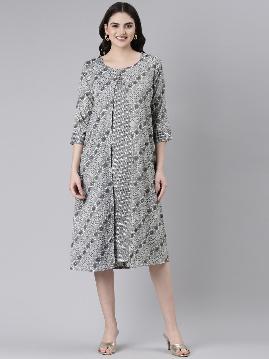 

GOLDSTROMS Printed A-Line Long Midi Dress With Jacket, Grey